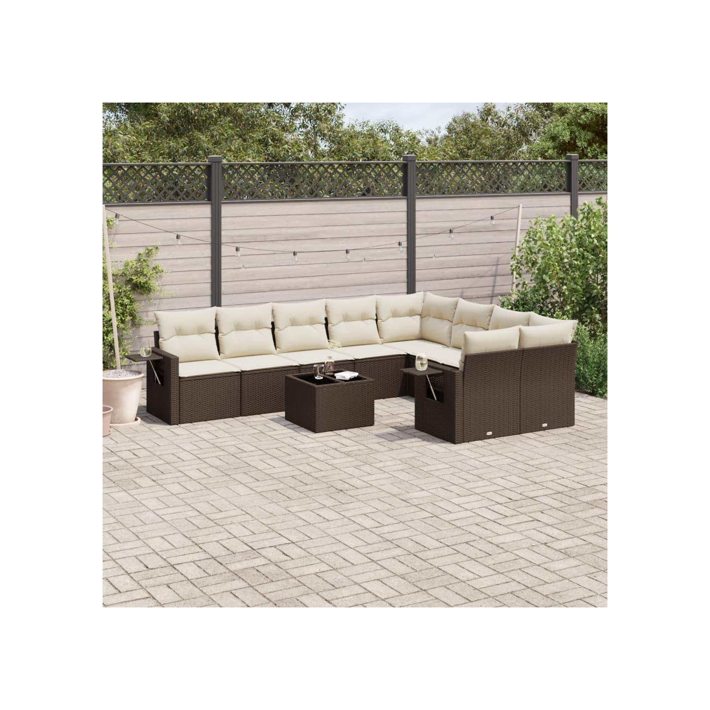 Salon de jardin 10 pcs avec coussins marron résine tressée
