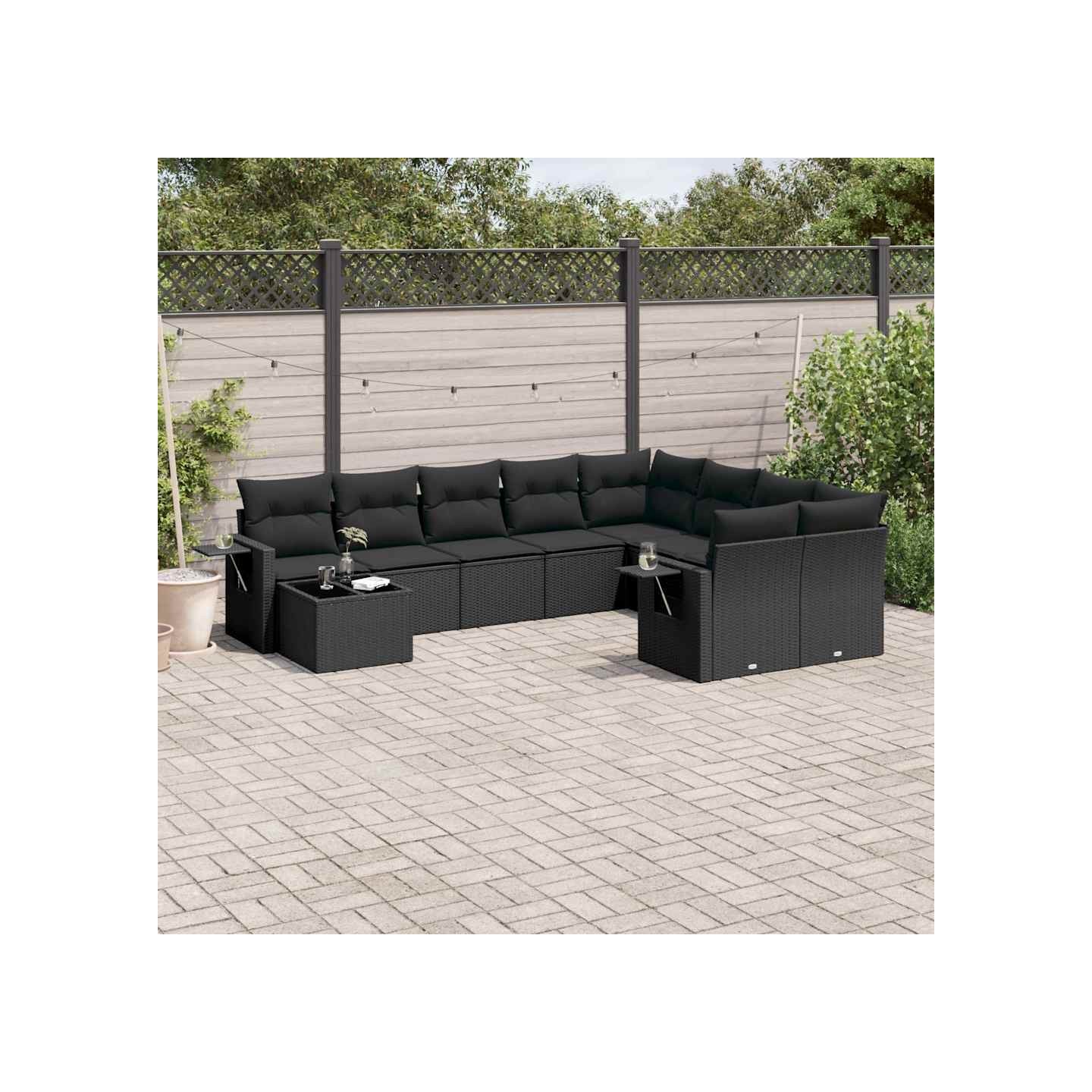 Salon de jardin 10 pcs avec coussins noir résine tressée