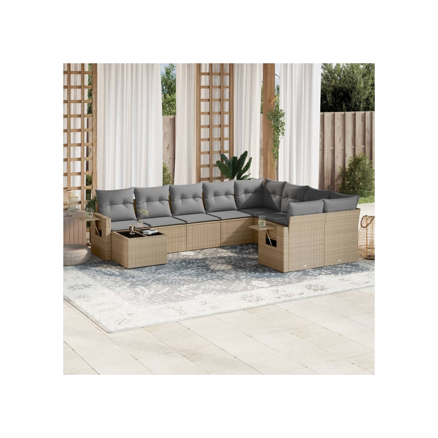 Salon de jardin avec coussins 10 pcs beige résine tressée
