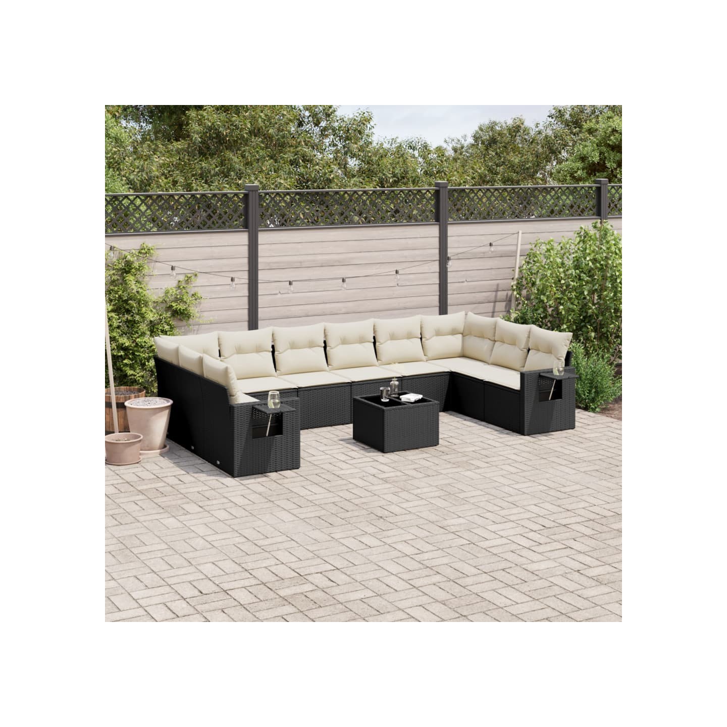 Salon de jardin 11 pcs avec coussins noir résine tressée