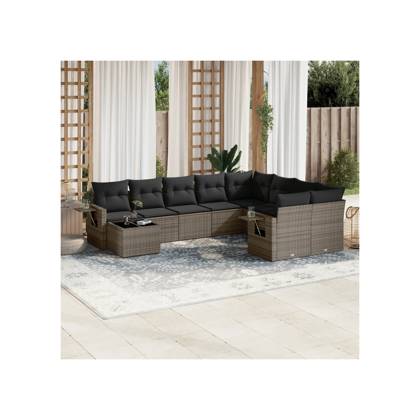 Salon de jardin avec coussins 10 pcs gris résine tressée