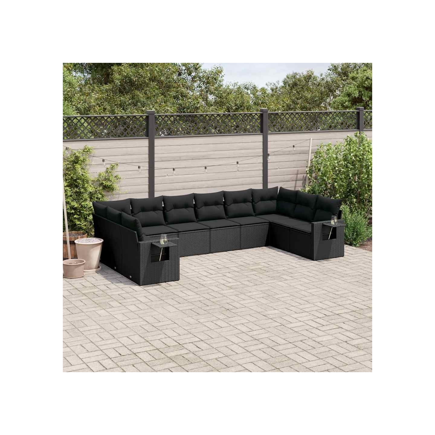 Salon de jardin 10 pcs avec coussins noir résine tressée