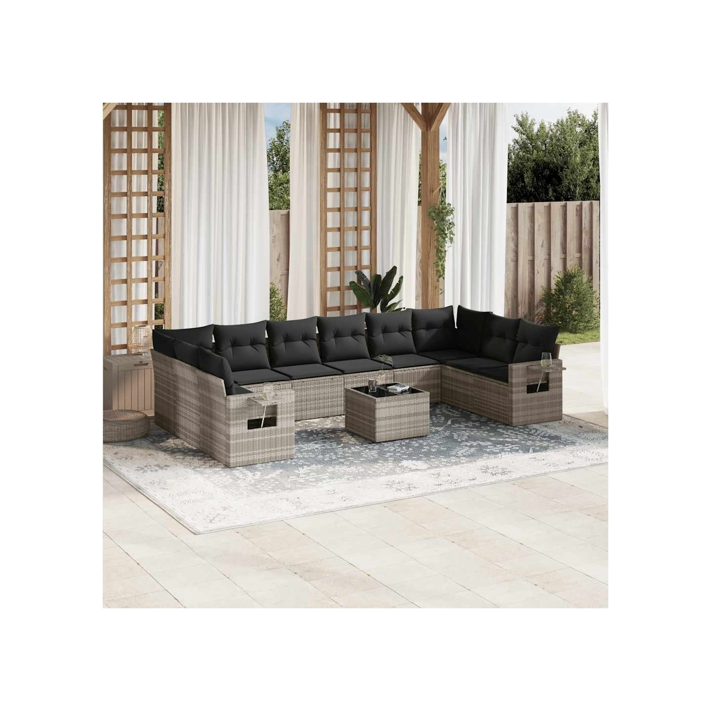 Salon de jardin 11 pcs avec coussins gris clair résine tressée