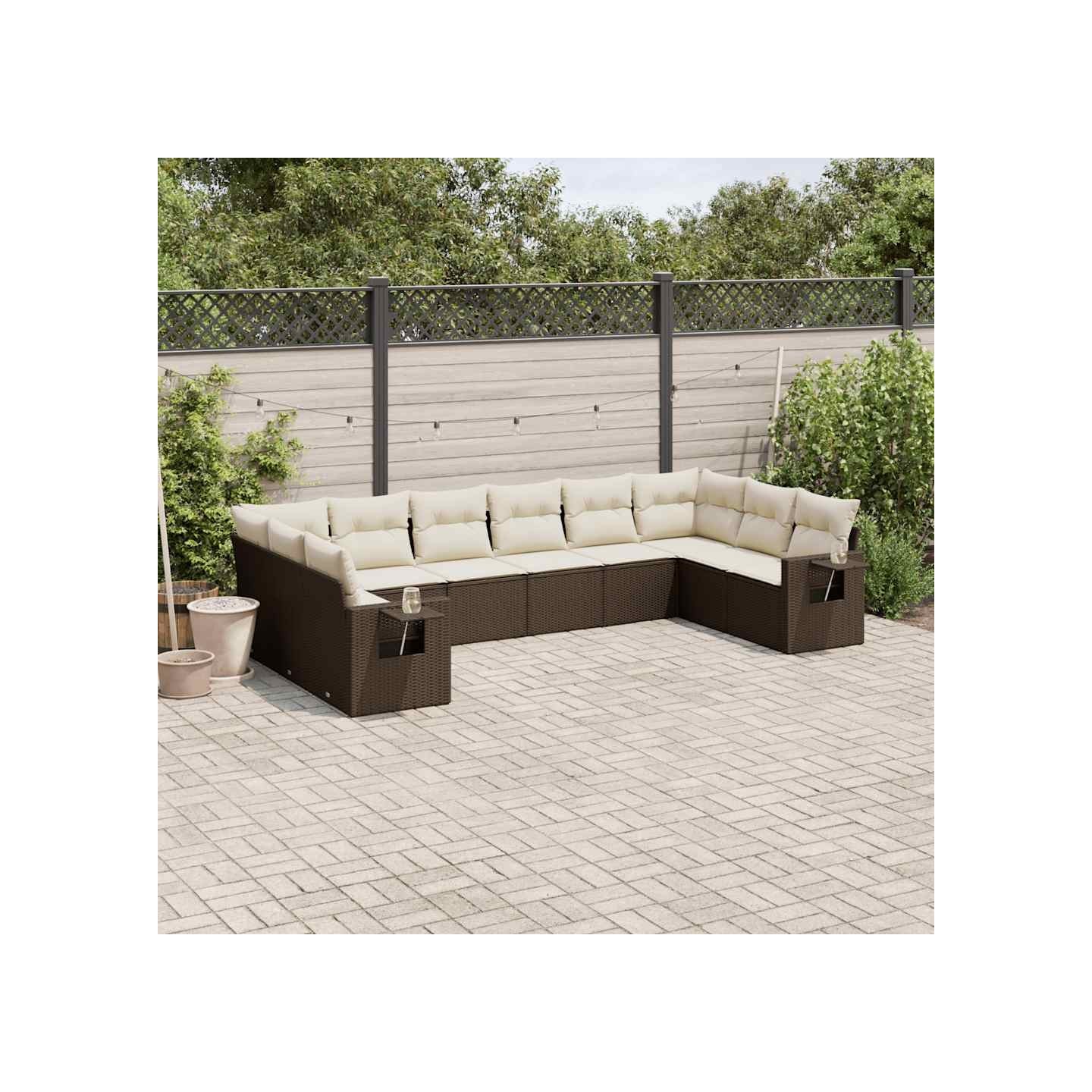 Salon de jardin 10 pcs avec coussins marron résine tressée