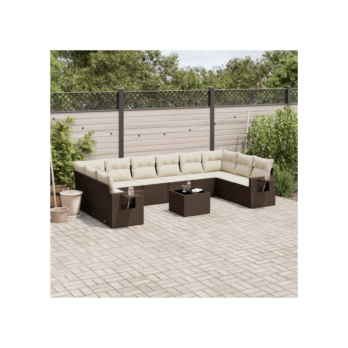 Salon de jardin et coussins 11 pcs marron résine tressée