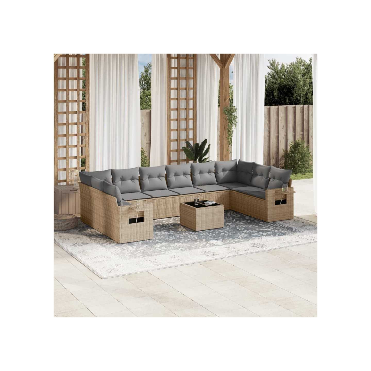 Salon de jardin 11 pcs avec coussins beige résine tressée