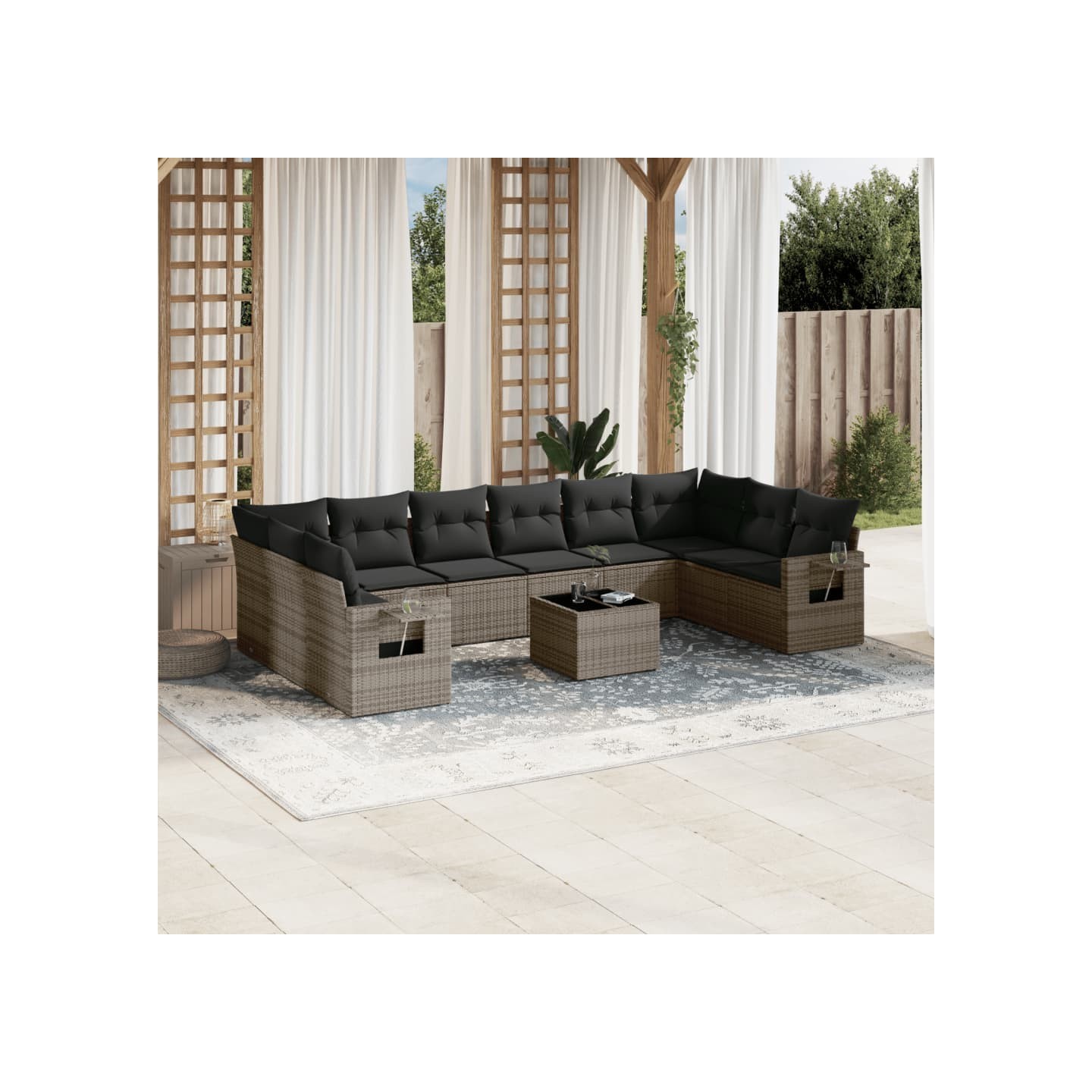 Salon de jardin 11 pcs avec coussins gris résine tressée