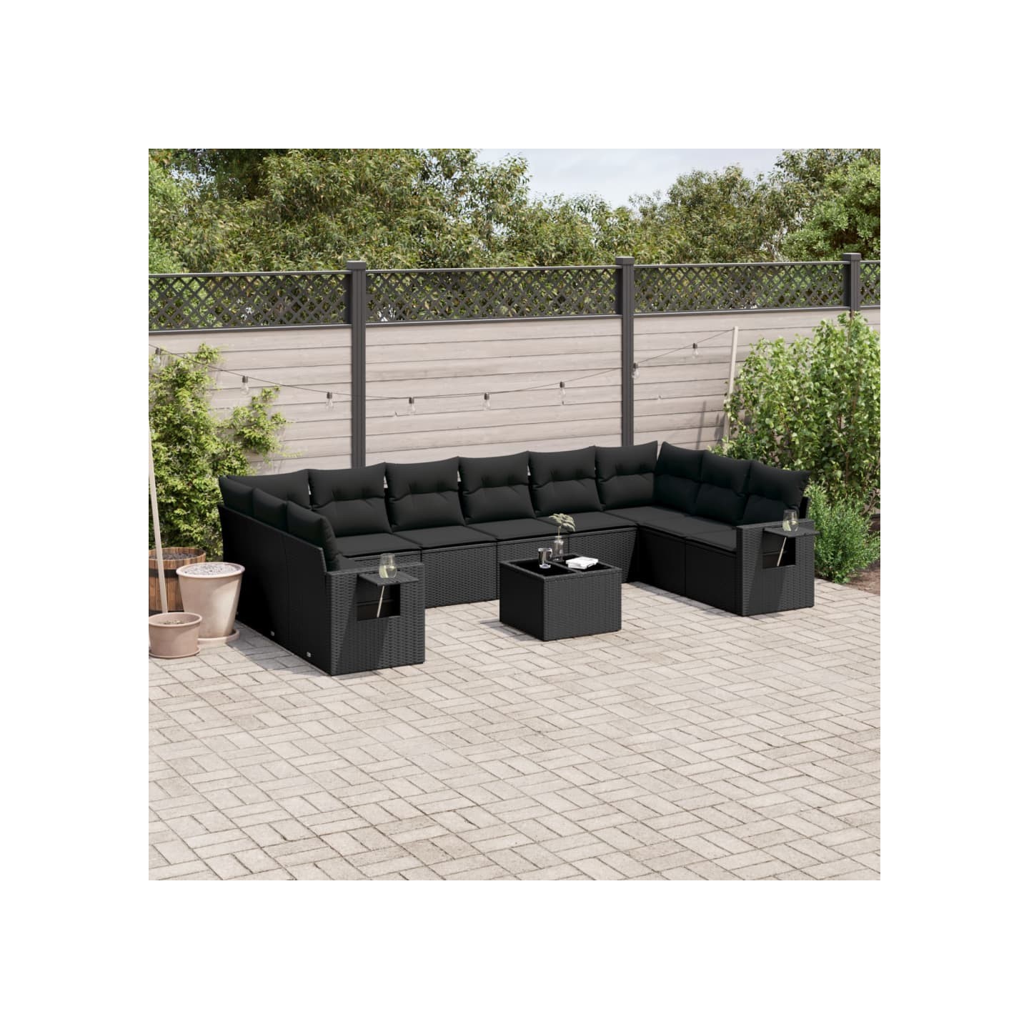 Salon de jardin 11 pcs avec coussins noir résine tressée