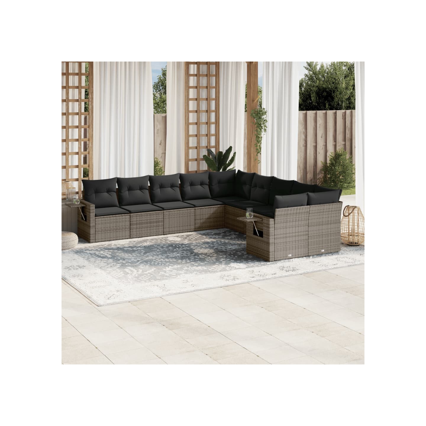 Salon de jardin avec coussins 10 pcs gris résine tressée