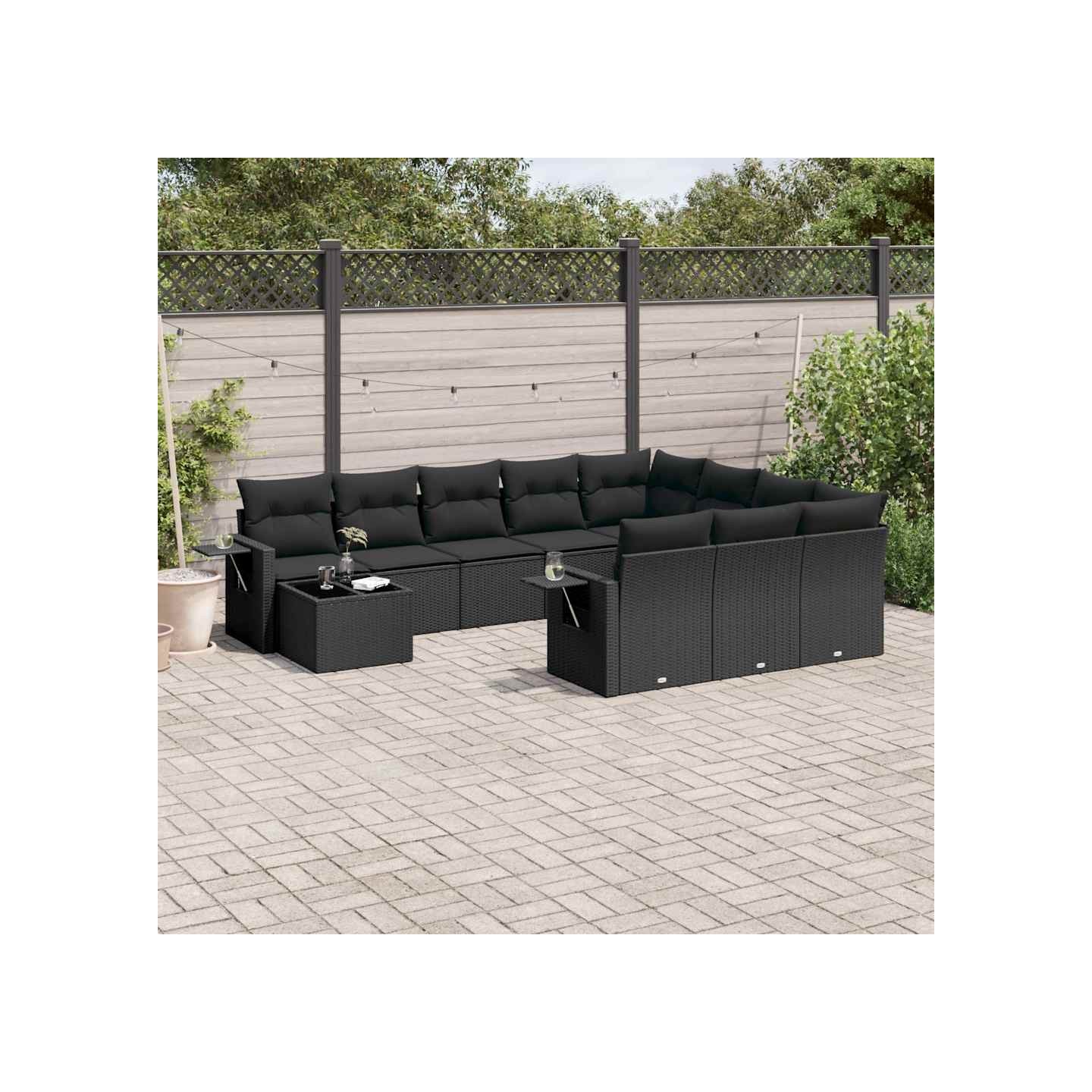 Salon de jardin 11 pcs avec coussins noir résine tressée
