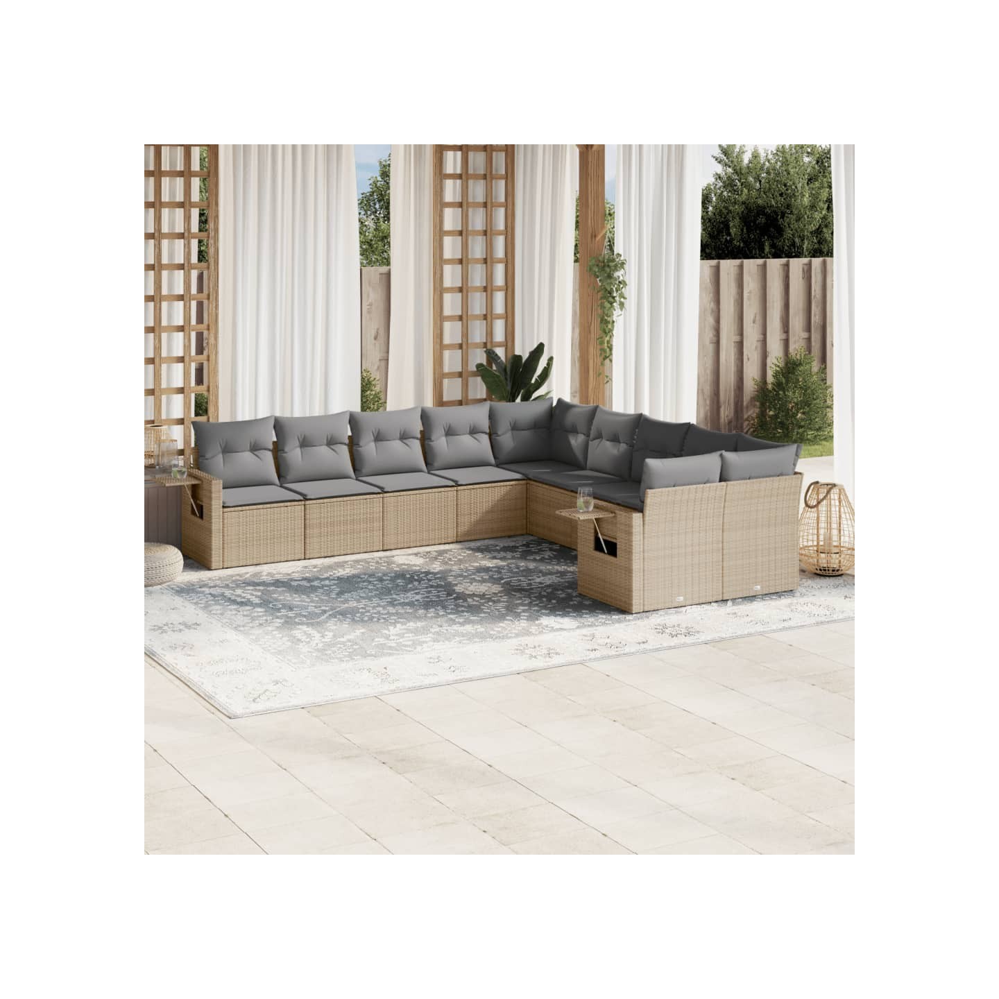 Salon de jardin avec coussins 10 pcs beige résine tressée