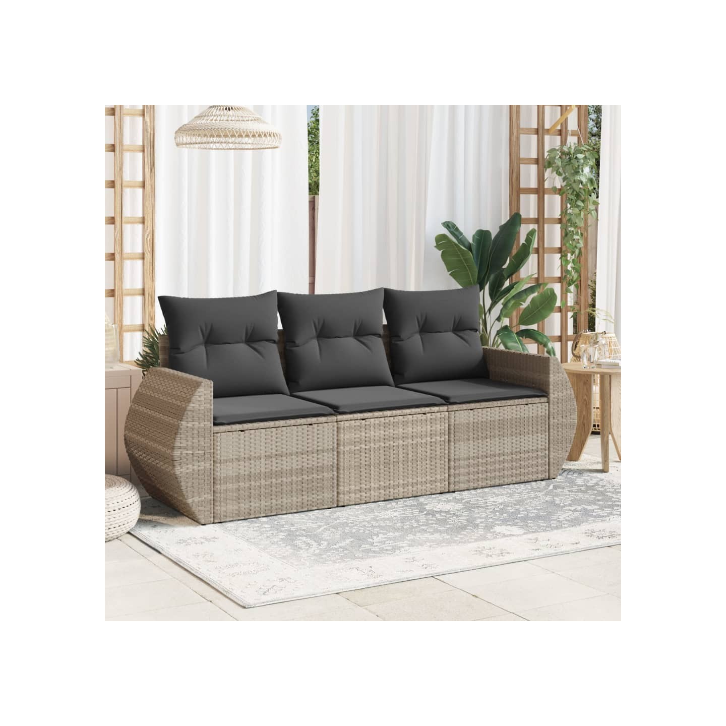 Salon de jardin avec coussins 3 pcs gris clair résine tressée