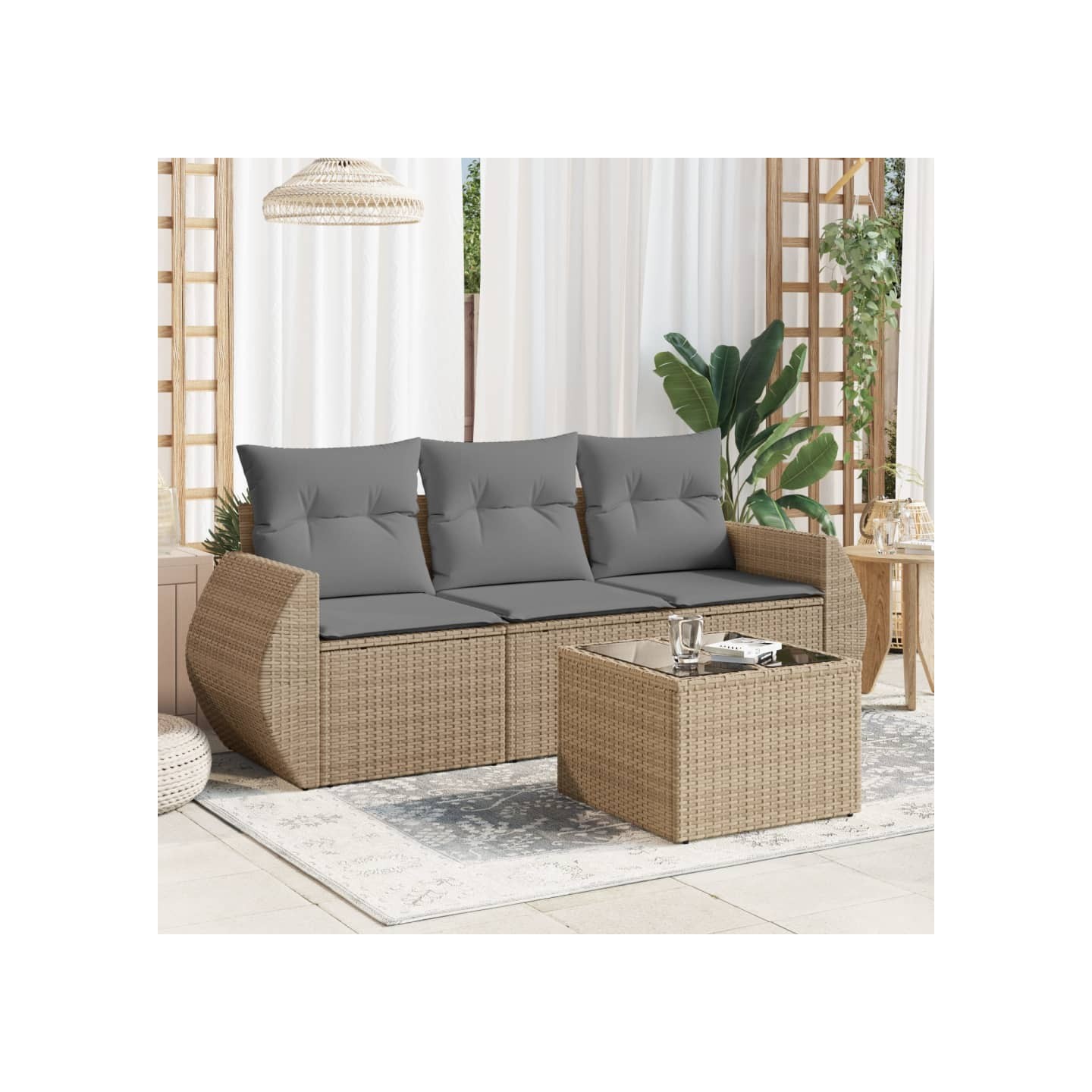 Salon de jardin avec coussins 4 pcs beige résine tressée