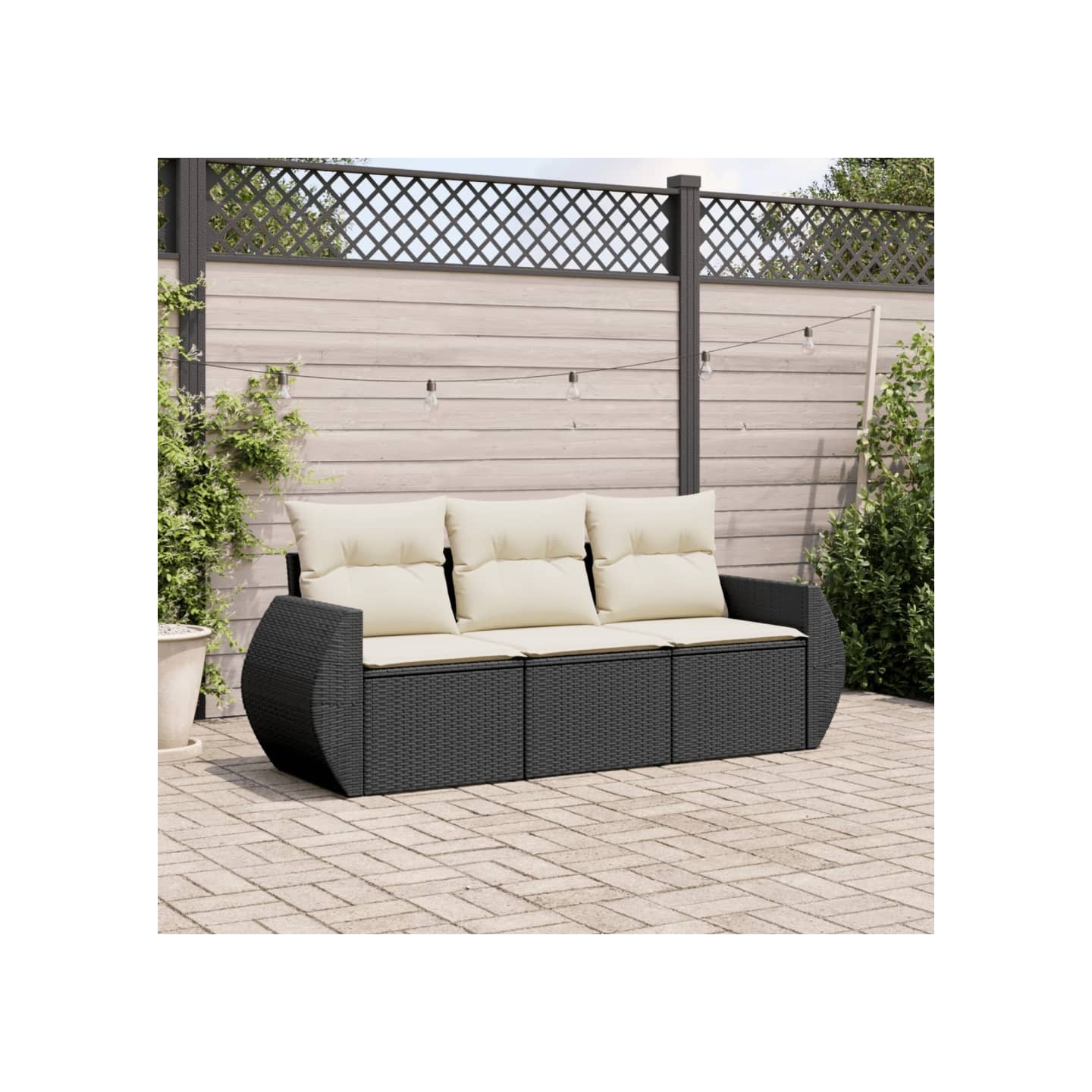 Salon de jardin 3 pcs avec coussins noir résine tressée