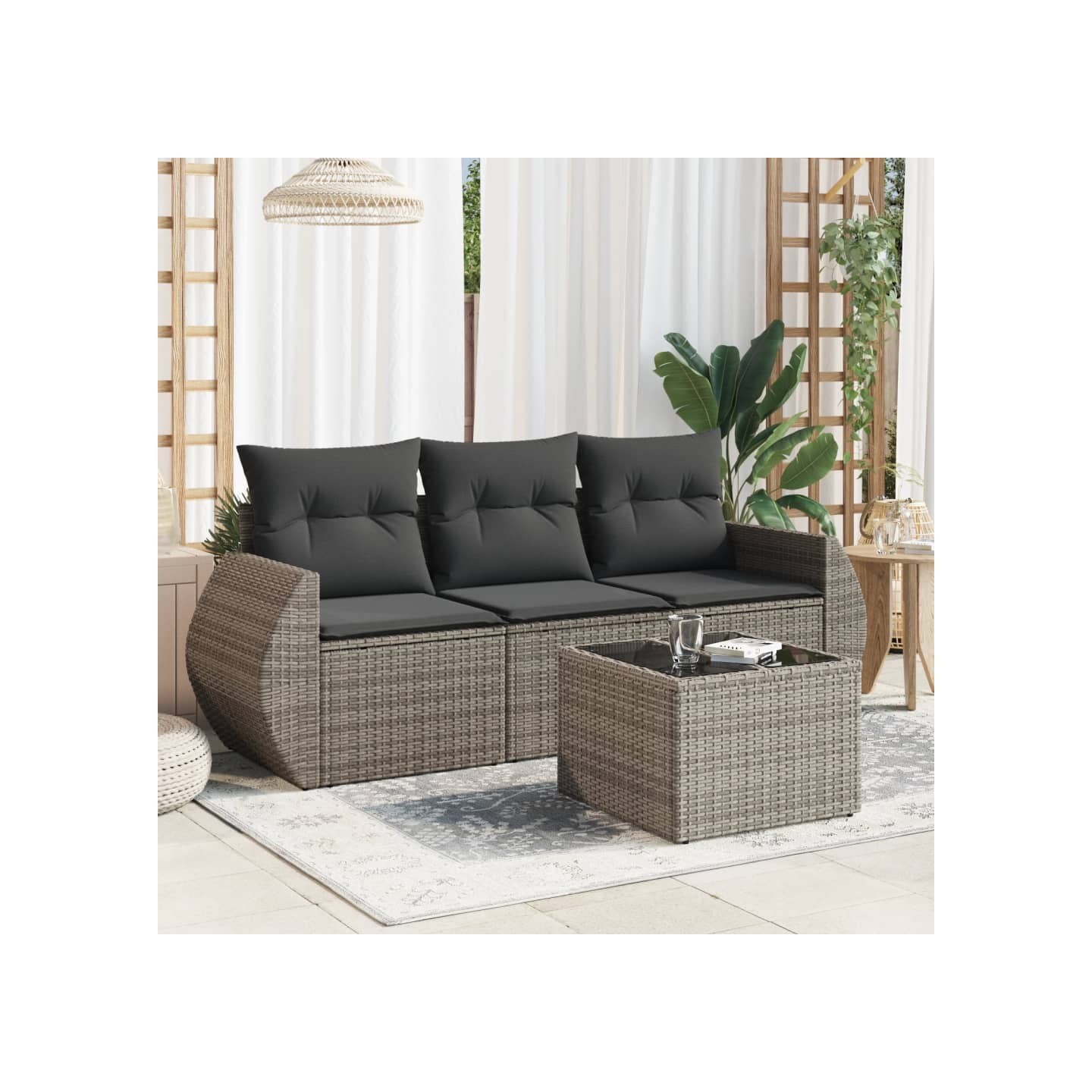 Salon de jardin 4 pcs avec coussins gris résine tressée