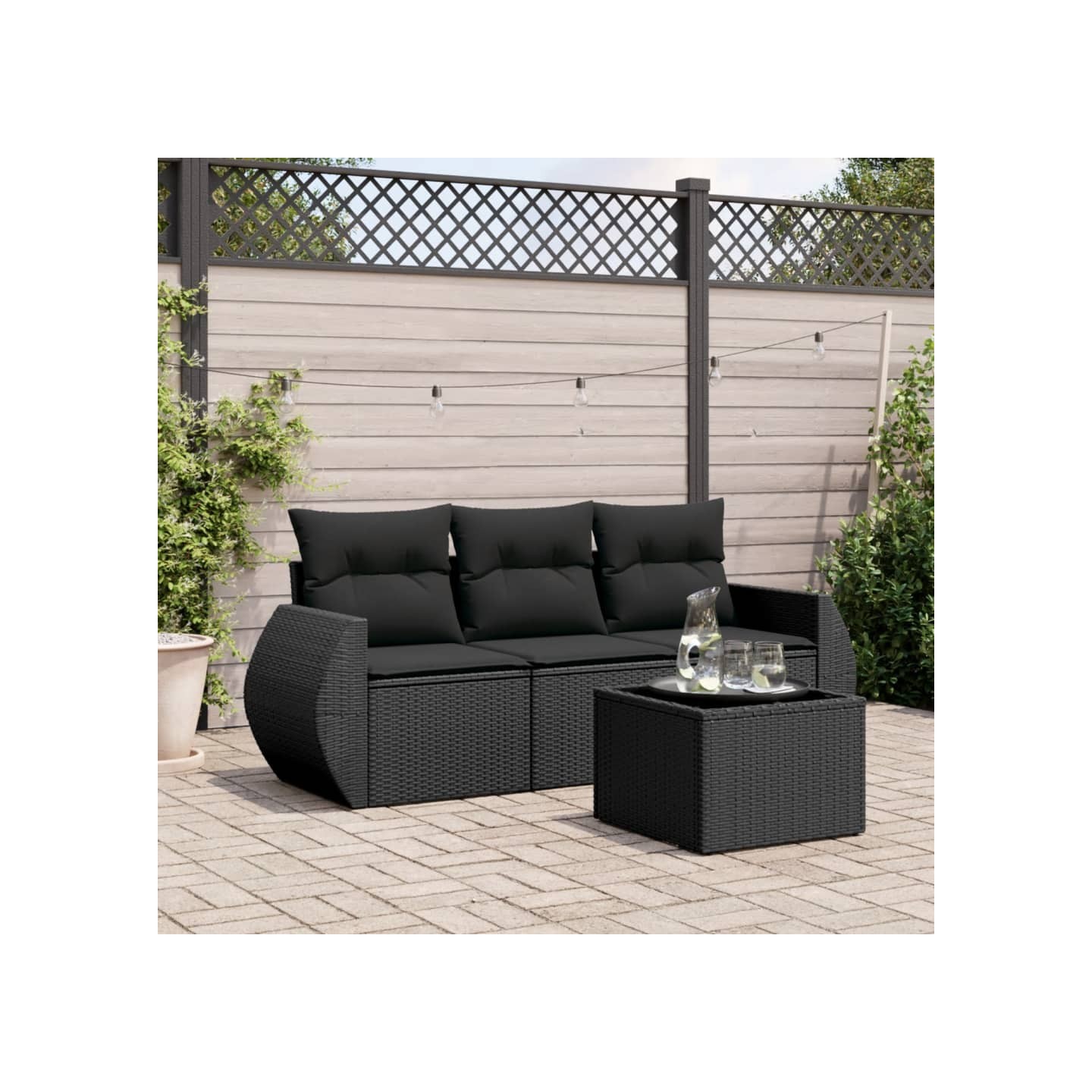 Salon de jardin 4 pcs avec coussins noir résine tressée