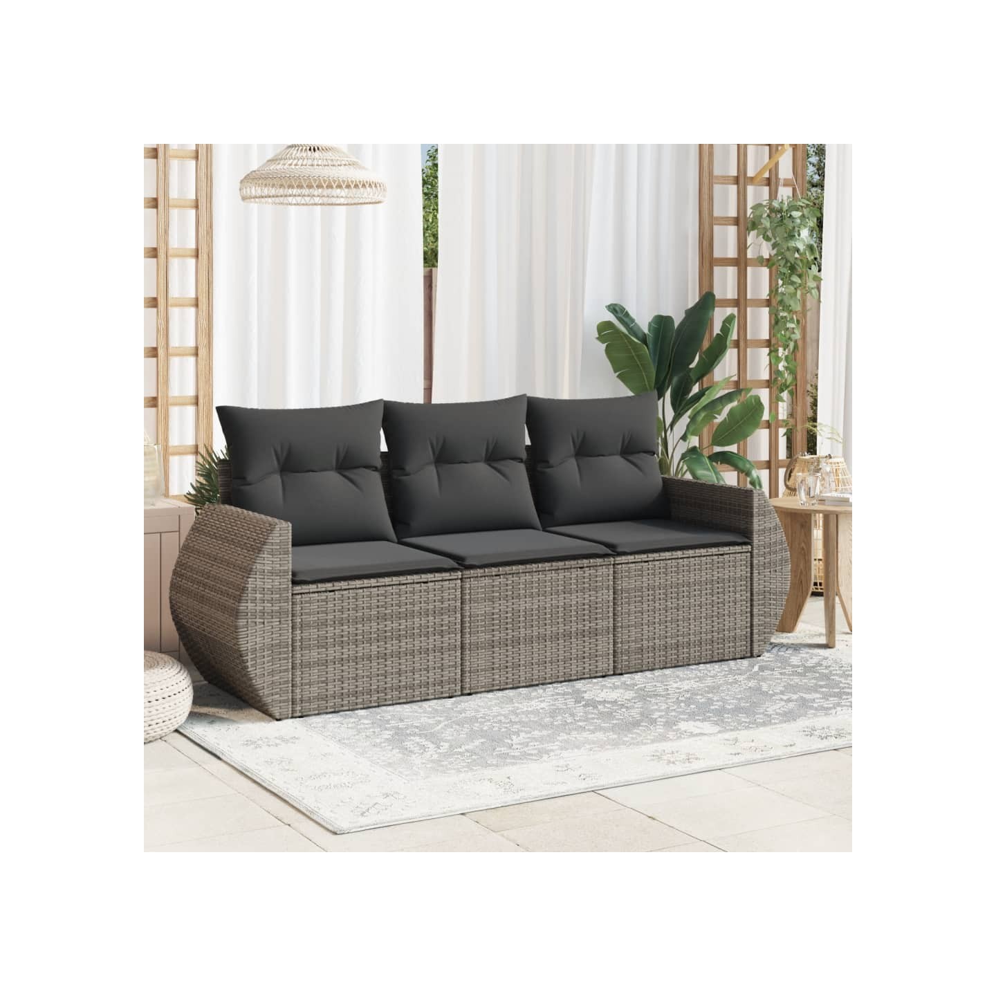 Salon de jardin avec coussins 3 pcs gris résine tressée