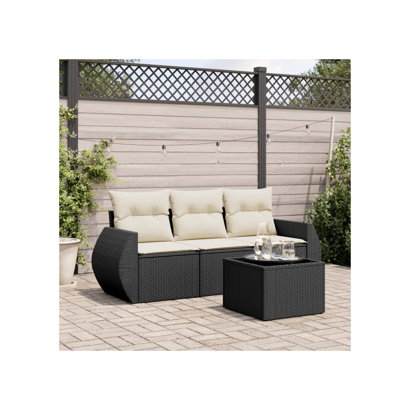 Salon de jardin 4 pcs avec coussins noir résine tressée