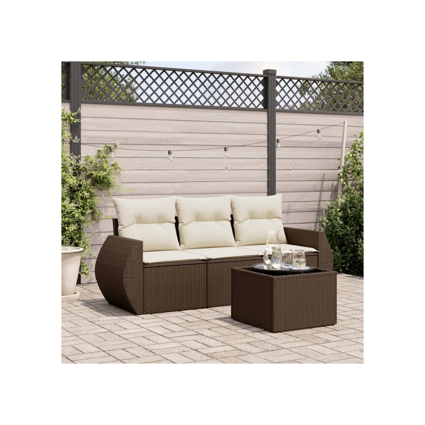 Salon de jardin 4 pcs avec coussins marron résine tressée