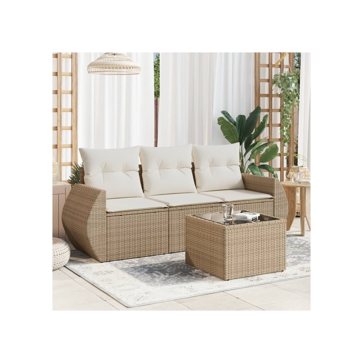 Salon de jardin avec coussins 4 pcs beige résine tressée
