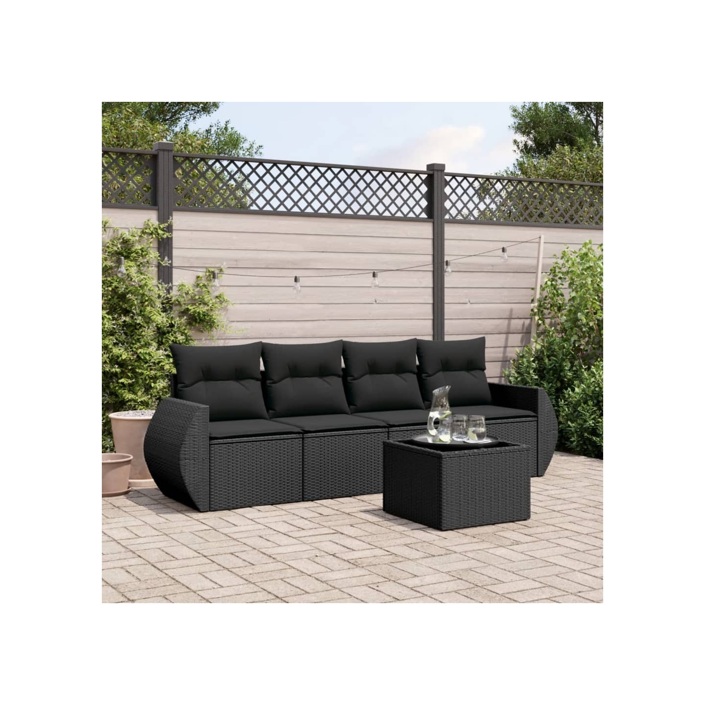 Salon de jardin 5 pcs avec coussins noir résine tressée
