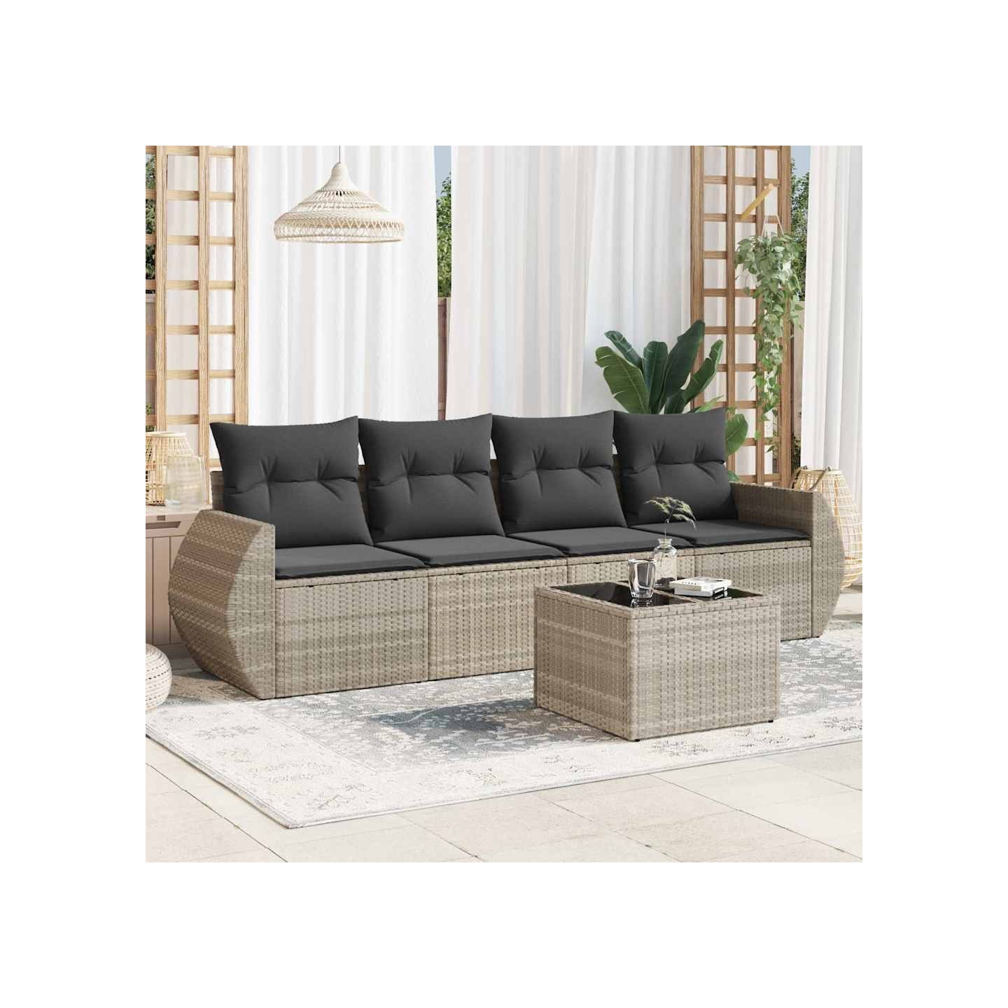 Salon de jardin 5 pcs avec coussins gris clair résine tressée