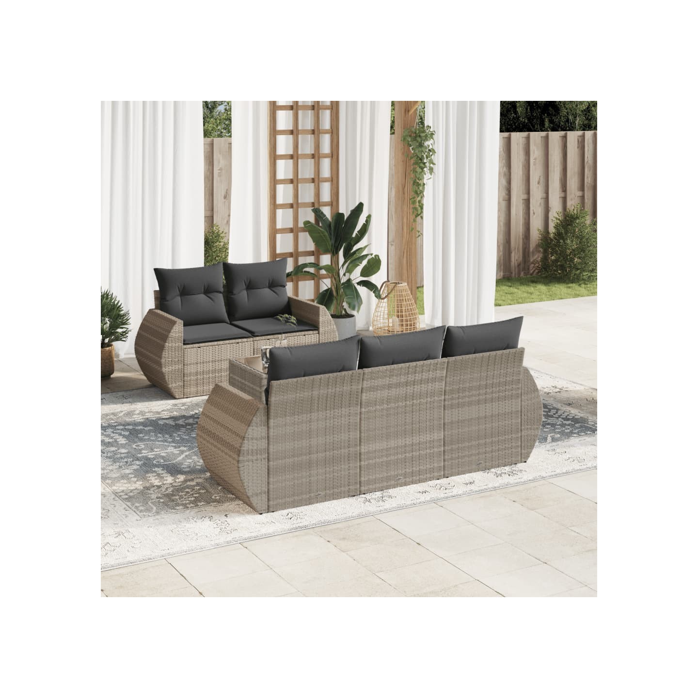Salon de jardin 6 pcs avec coussins gris clair résine tressée