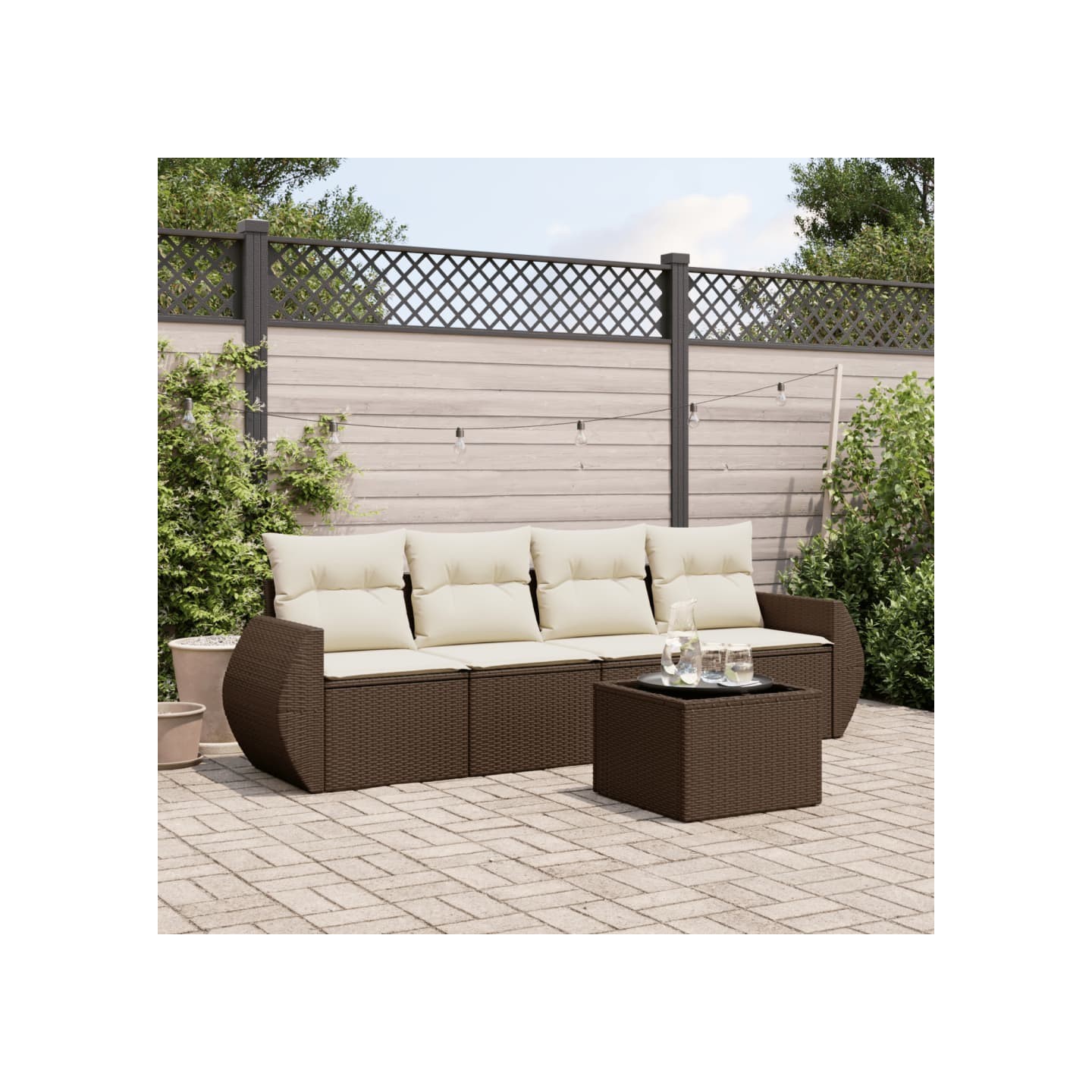 Salon de jardin avec coussins 5 pcs marron résine tressée