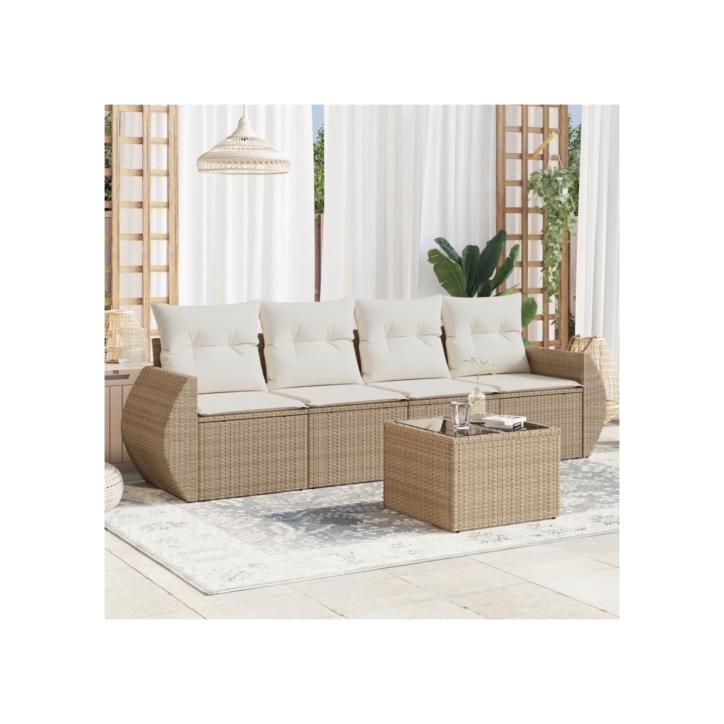 Salon de jardin avec coussins 5 pcs beige résine tressée
