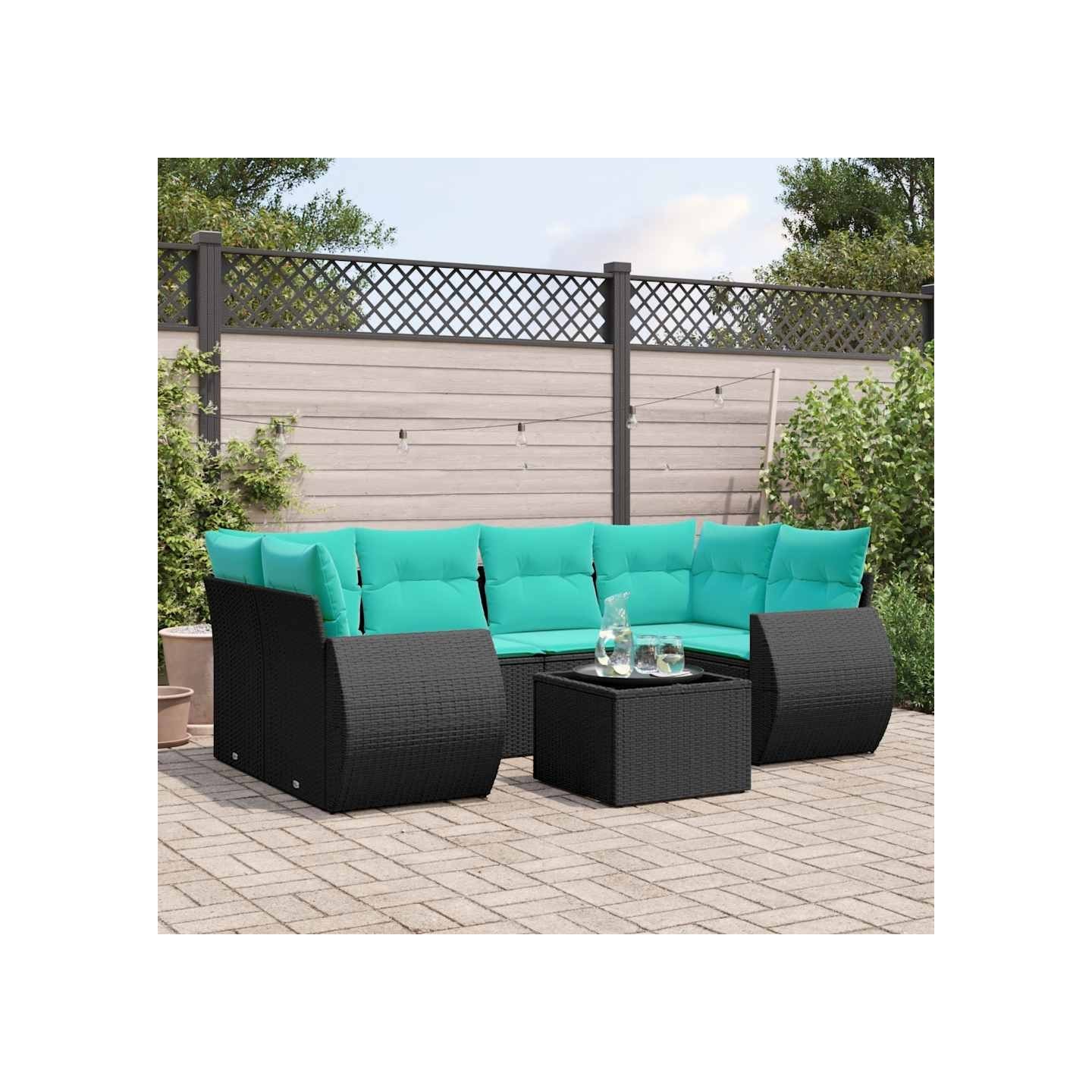 Ensemble de canapé de jardin 7 pcs avec coussins noir résine tressée