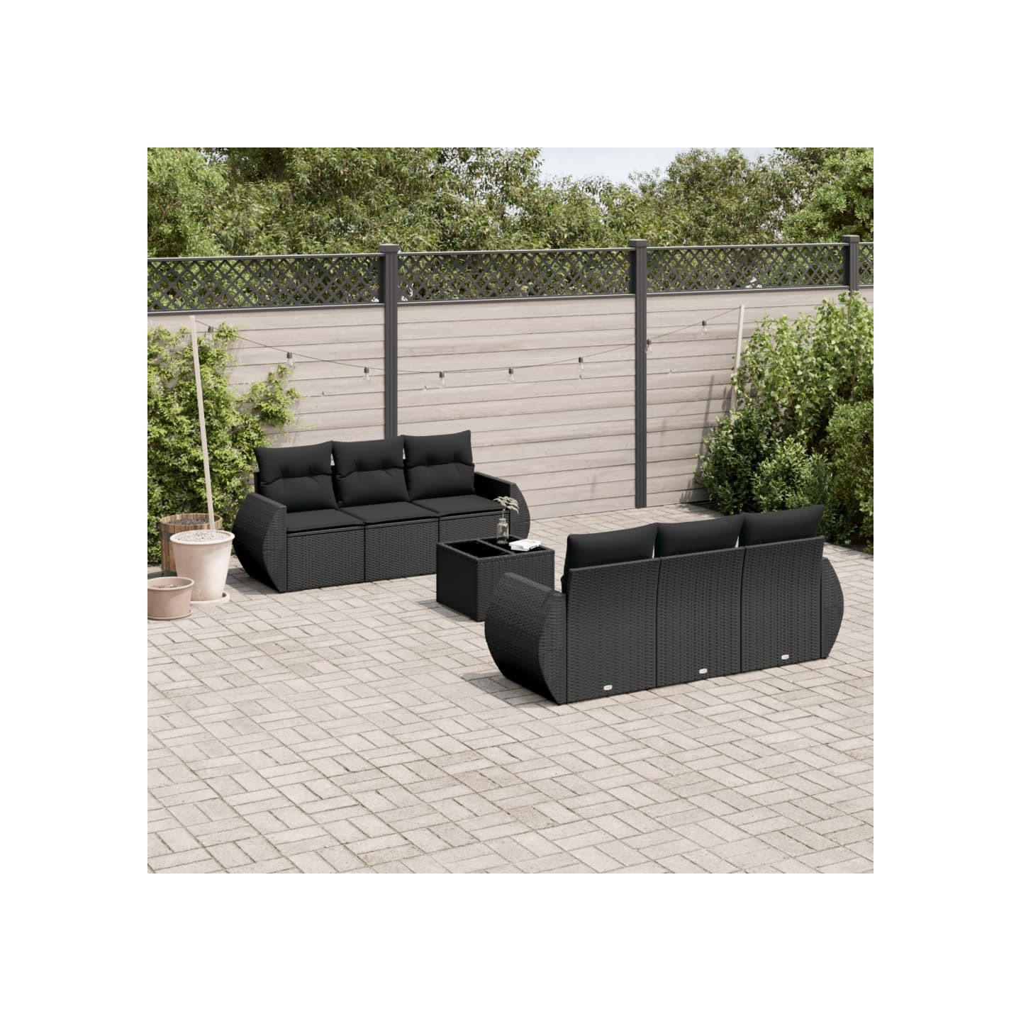 Salon de jardin 7 pcs avec coussins noir résine tressée
