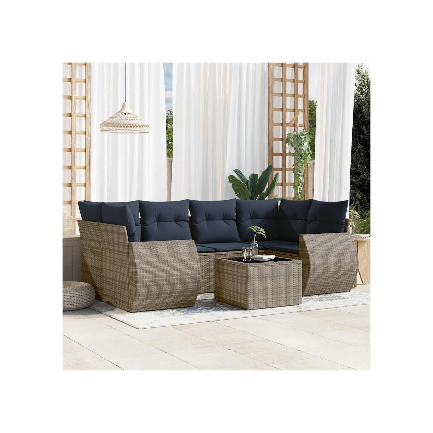 Ensemble de canapé de jardin 7 pcs avec coussins gris résine tressée