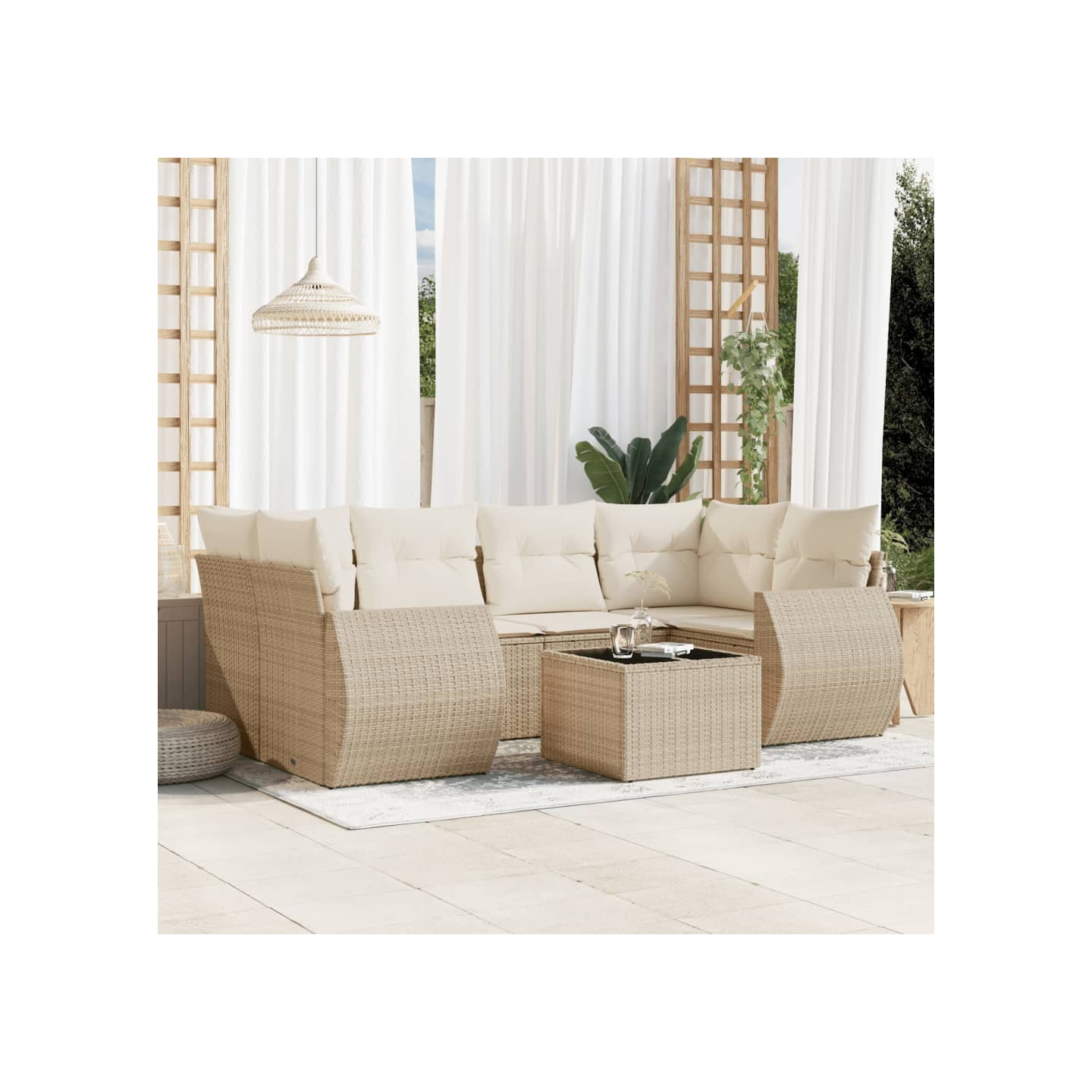Salon de jardin avec coussins 7 pcs beige résine tressée