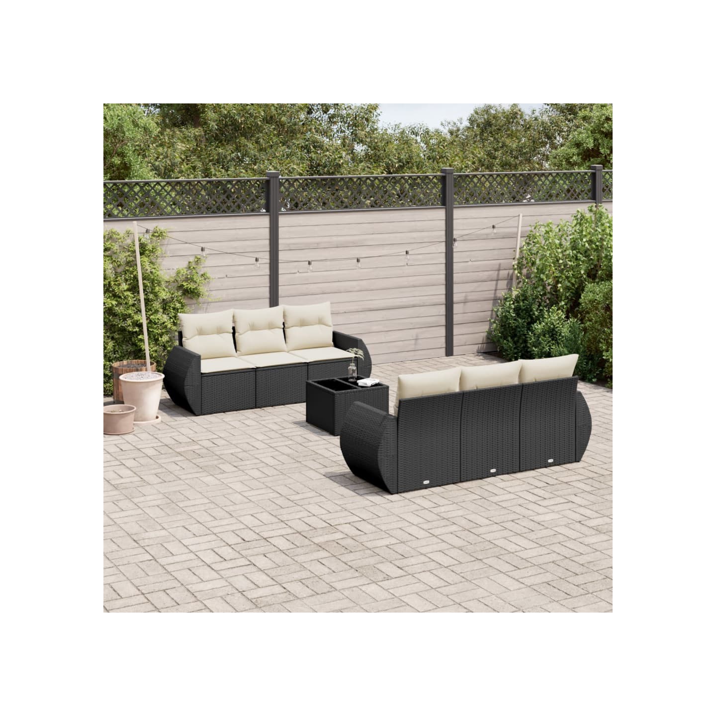 Salon de jardin 7 pcs avec coussins noir résine tressée