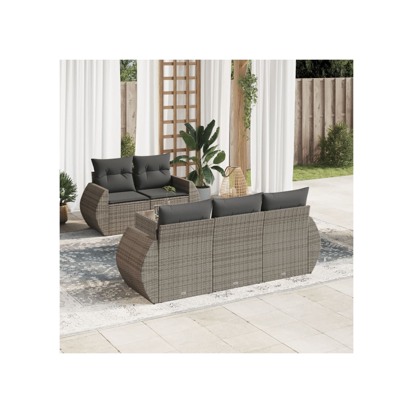 Salon de jardin 6 pcs avec coussins gris résine tressée