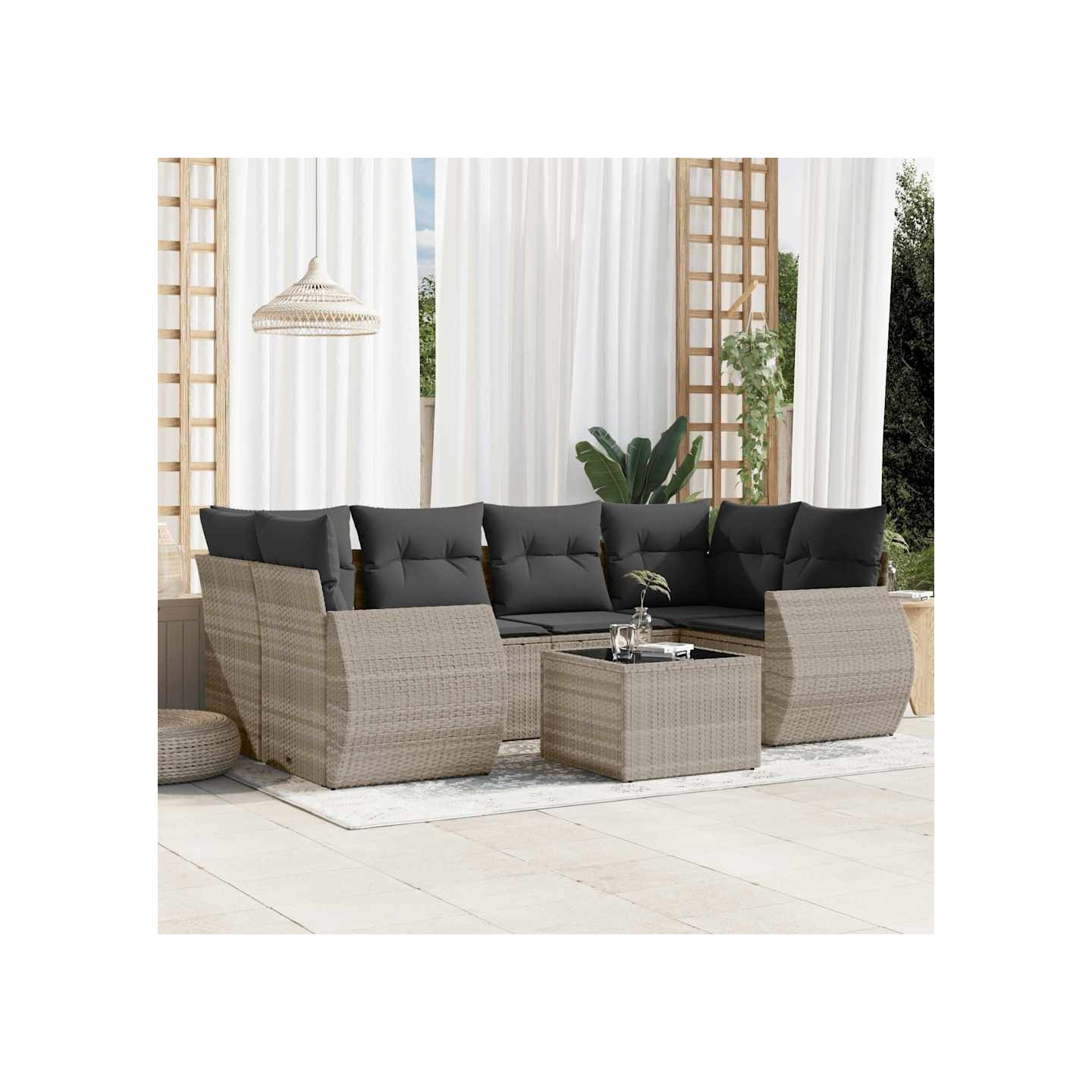 Salon de jardin avec coussins 7 pcs gris clair résine tressée