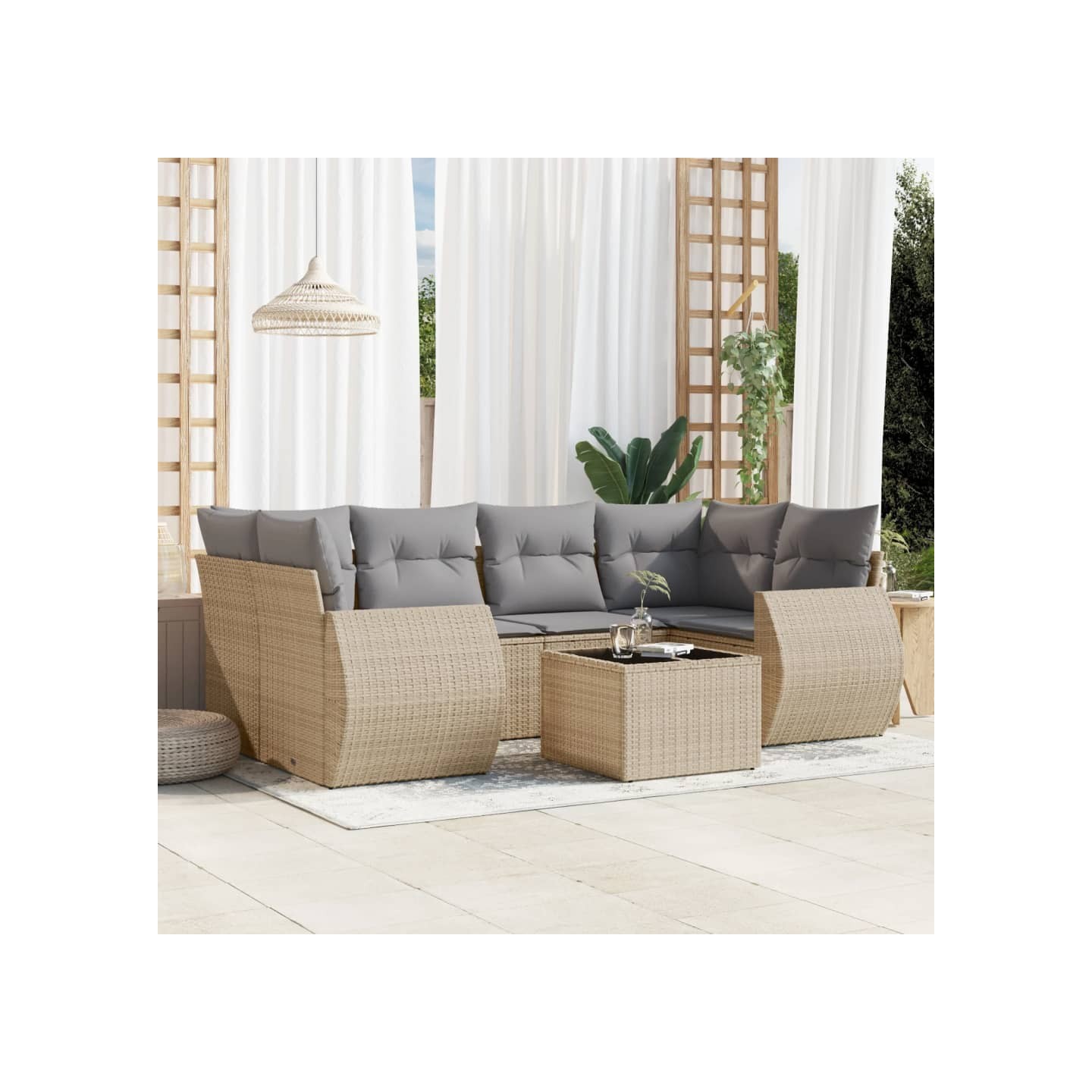 Salon de jardin avec coussins 7 pcs beige résine tressée