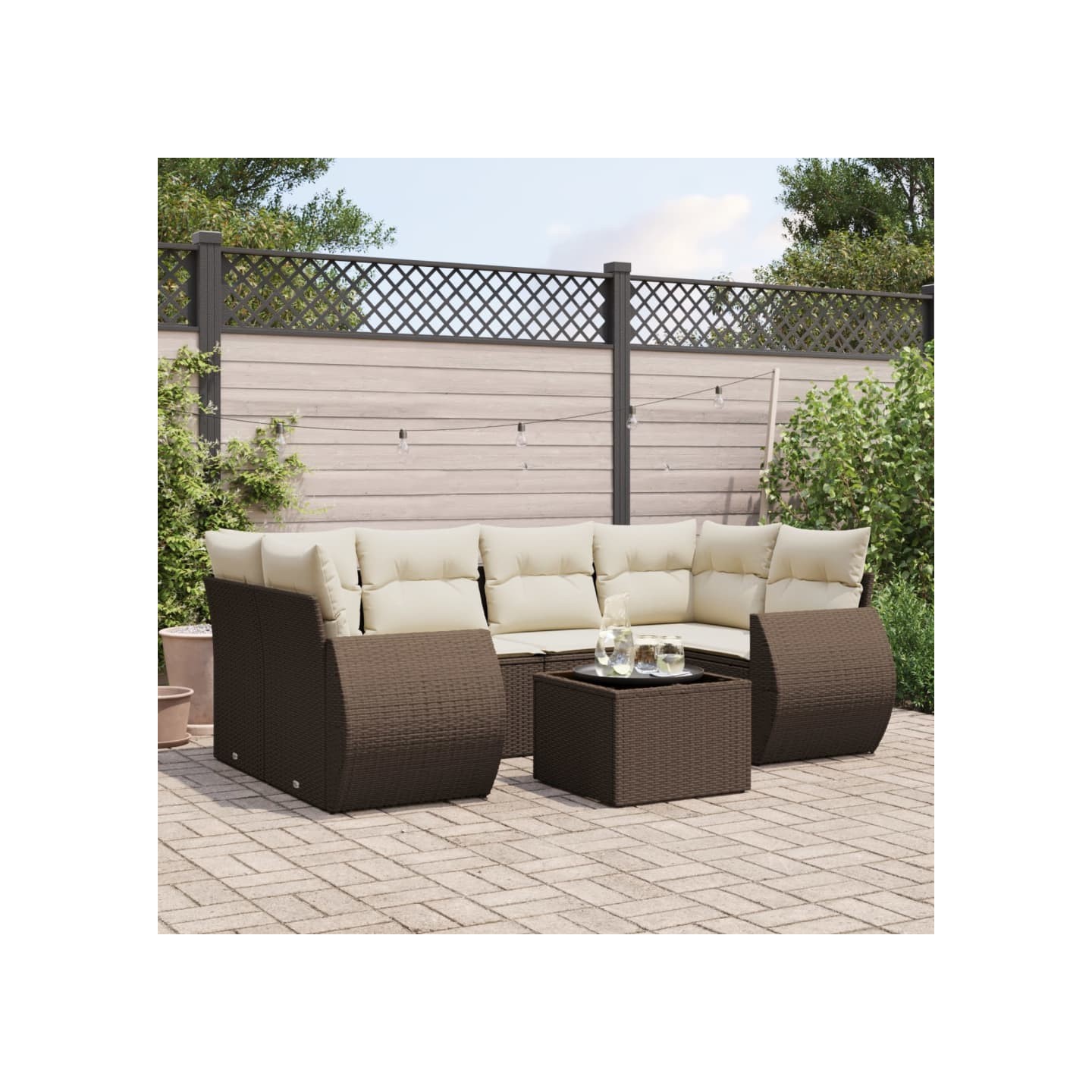 Salon de jardin avec coussins 7 pcs marron résine tressée