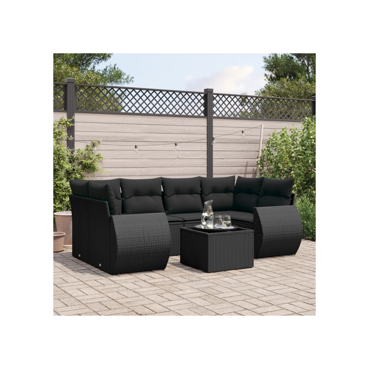 Salon de jardin 7 pcs avec coussins noir résine tressée