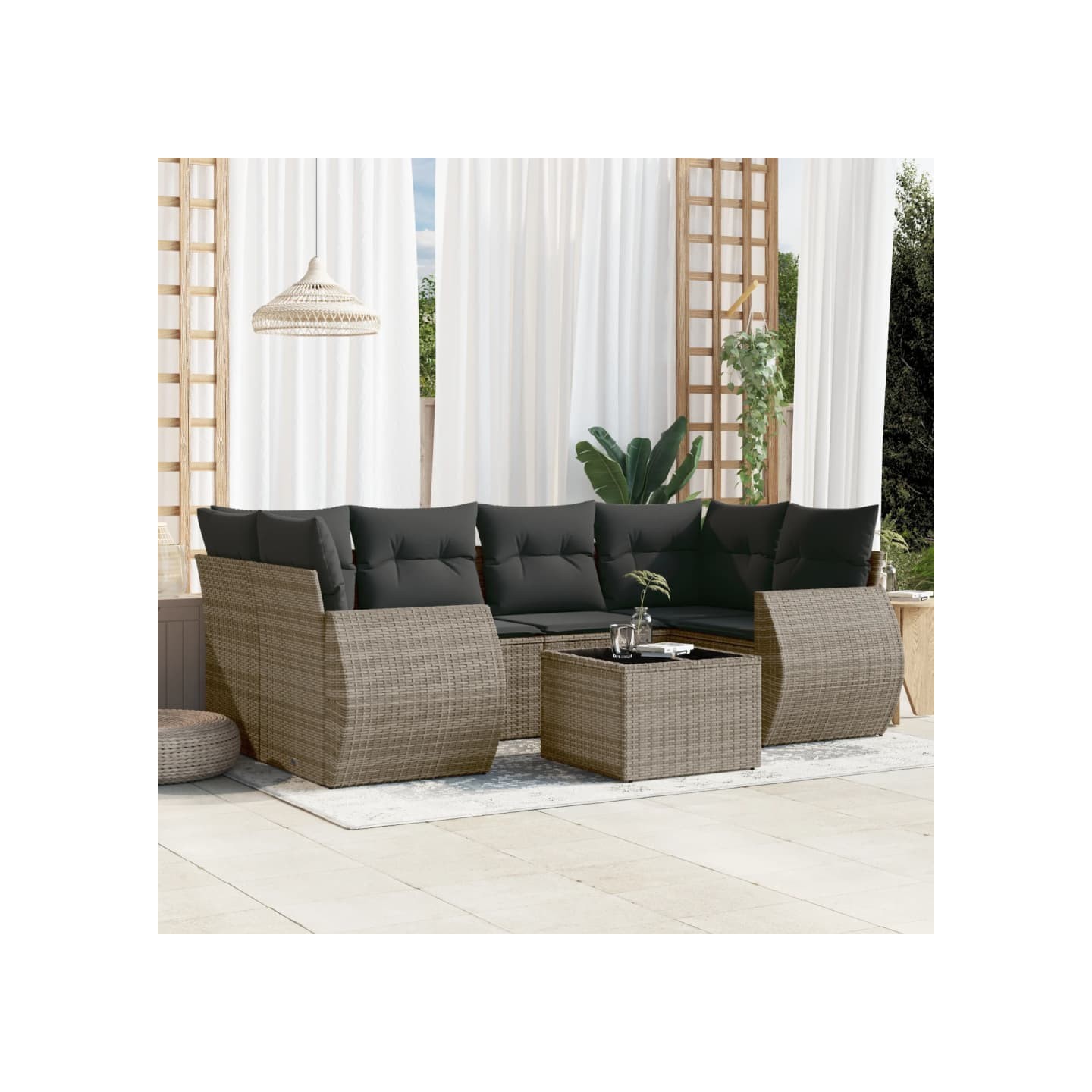 Salon de jardin avec coussins 7 pcs gris résine tressée