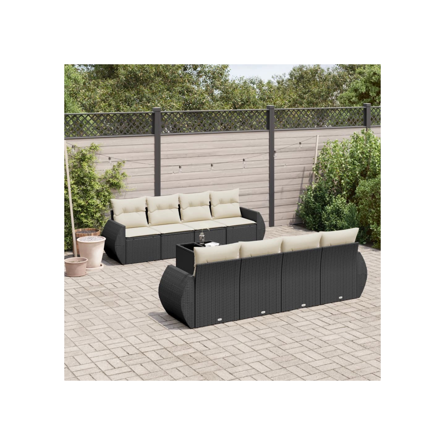 Salon de jardin 9 pcs avec coussins noir résine tressée