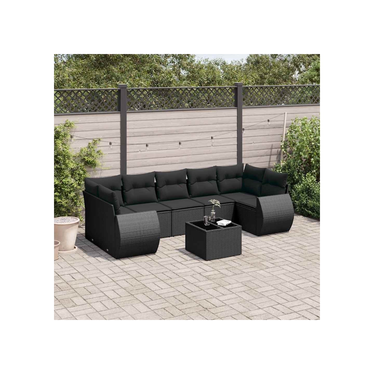 Salon de jardin 8 pcs avec coussins noir résine tressée