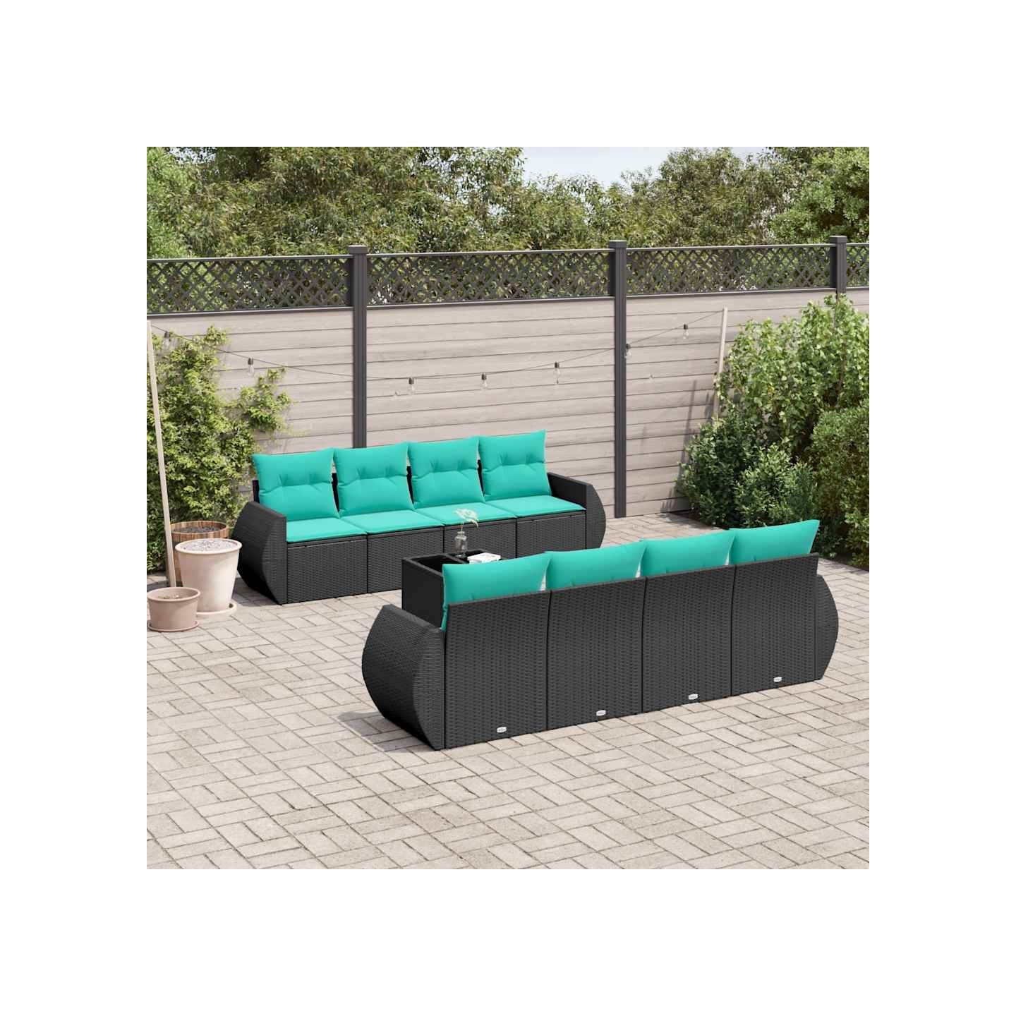 Ensemble de canapé de jardin 9 pcs avec coussins noir résine tressée