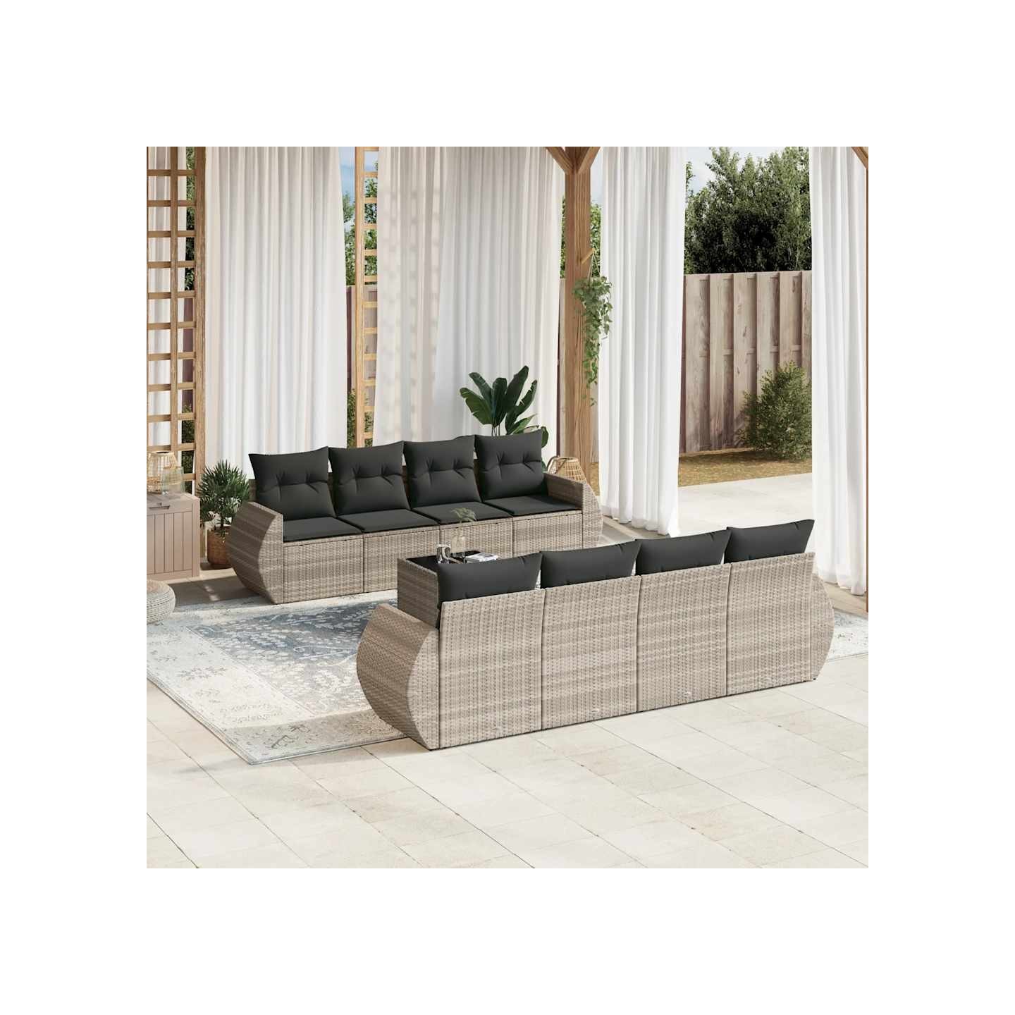 Salon de jardin 9 pcs avec coussins gris clair résine tressée