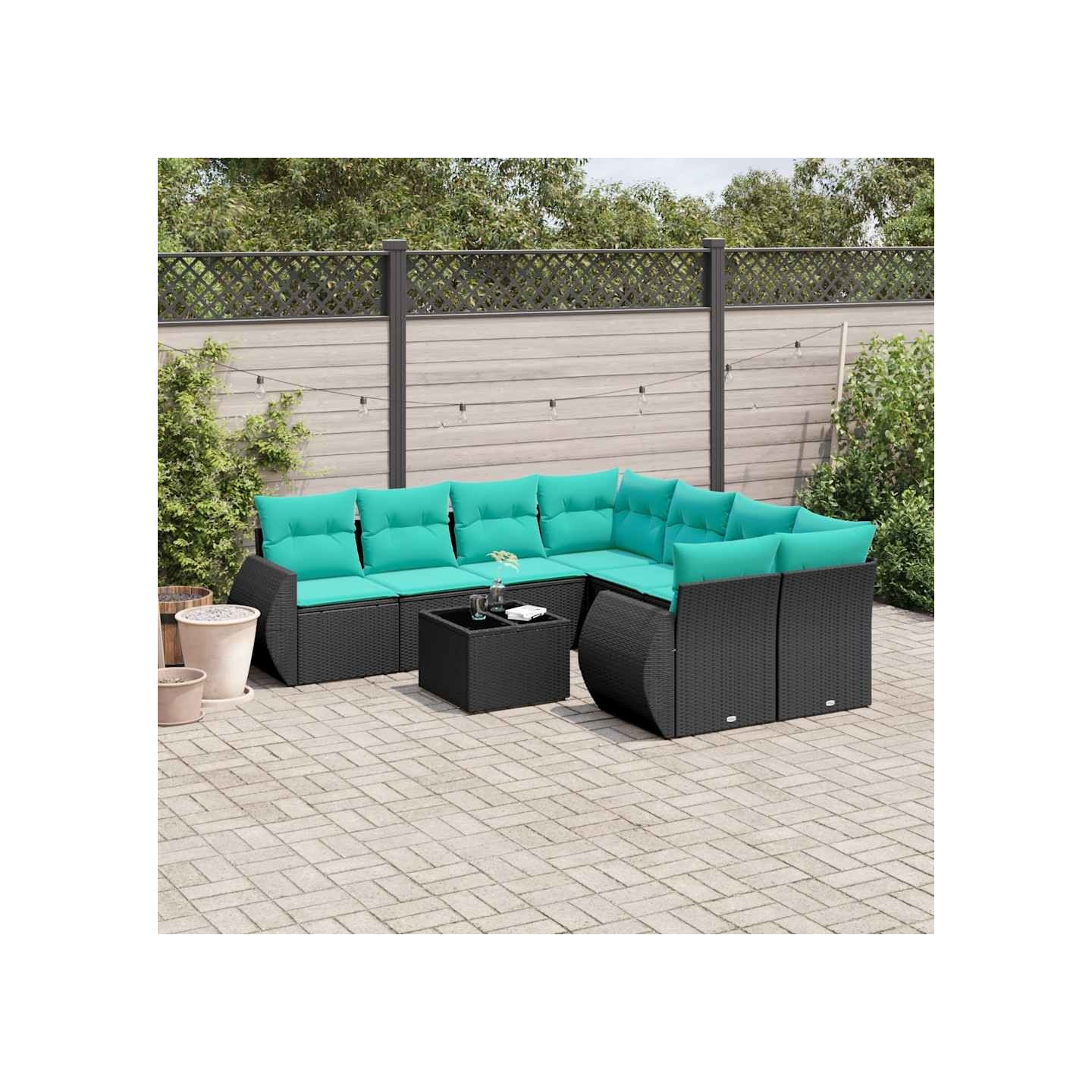 Ensemble de canapé de jardin 9 pcs avec coussins noir résine tressée