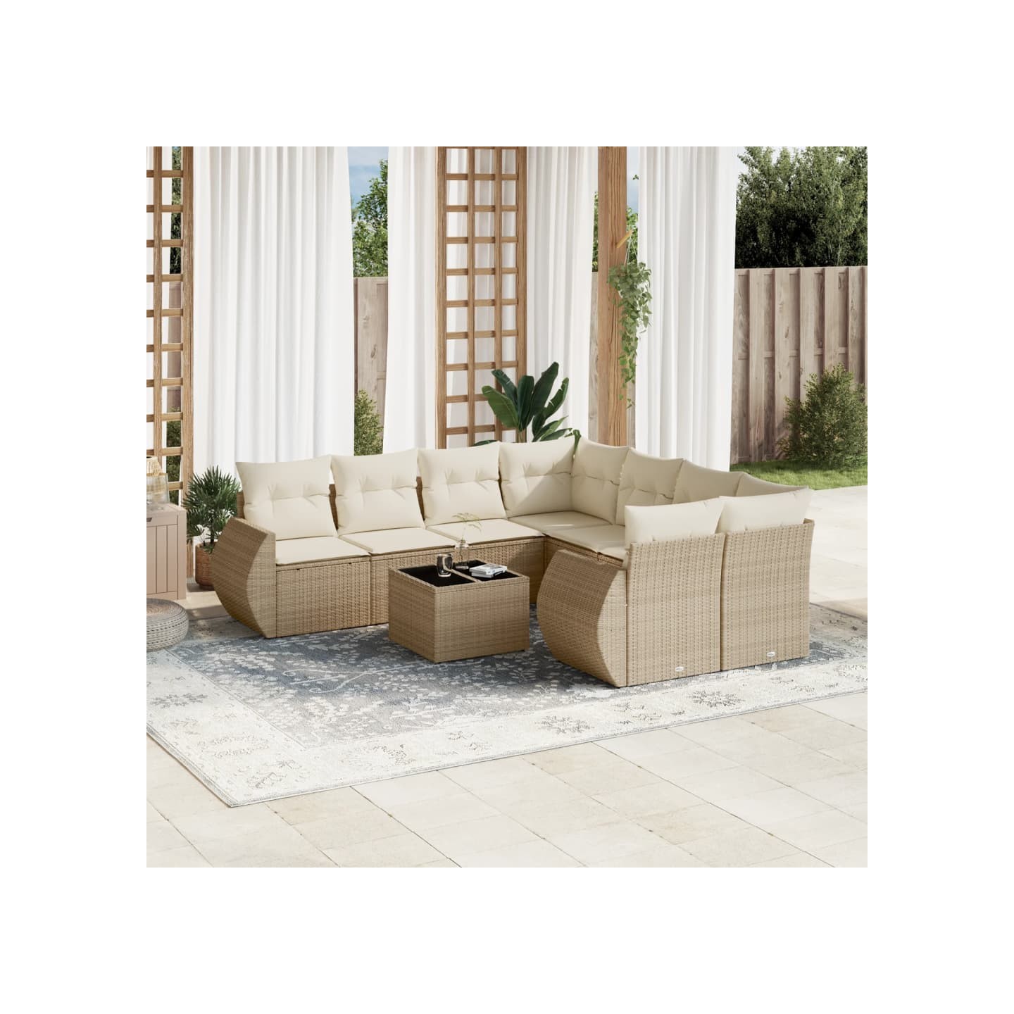 Salon de jardin avec coussins 9 pcs beige résine tressée
