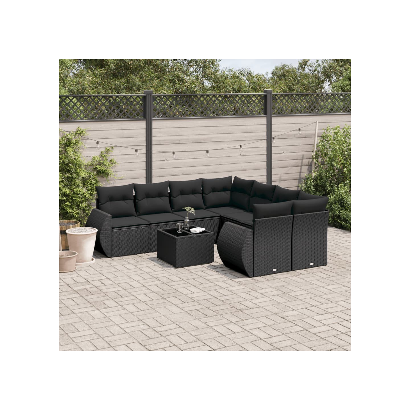 Salon de jardin 9 pcs avec coussins noir résine tressée