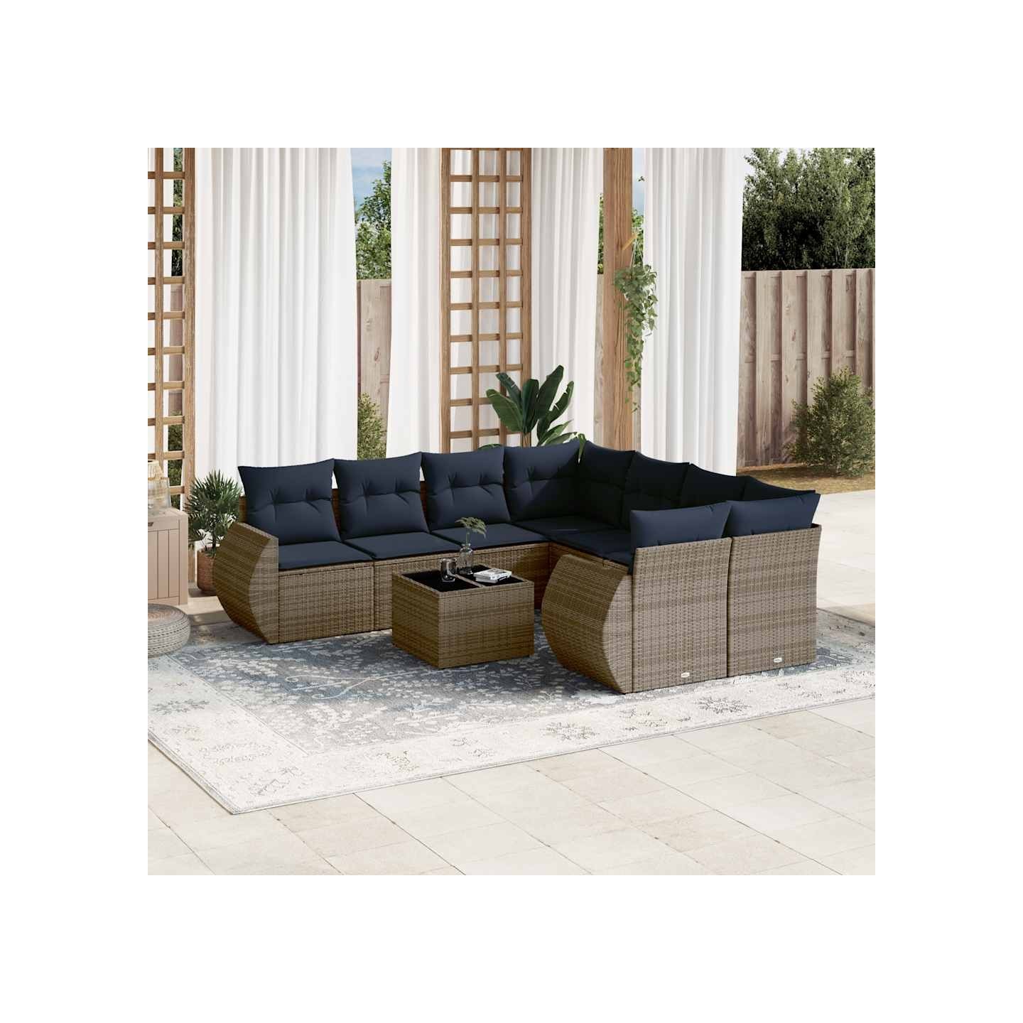 Ensemble de canapé de jardin 9 pcs avec coussins gris résine tressée