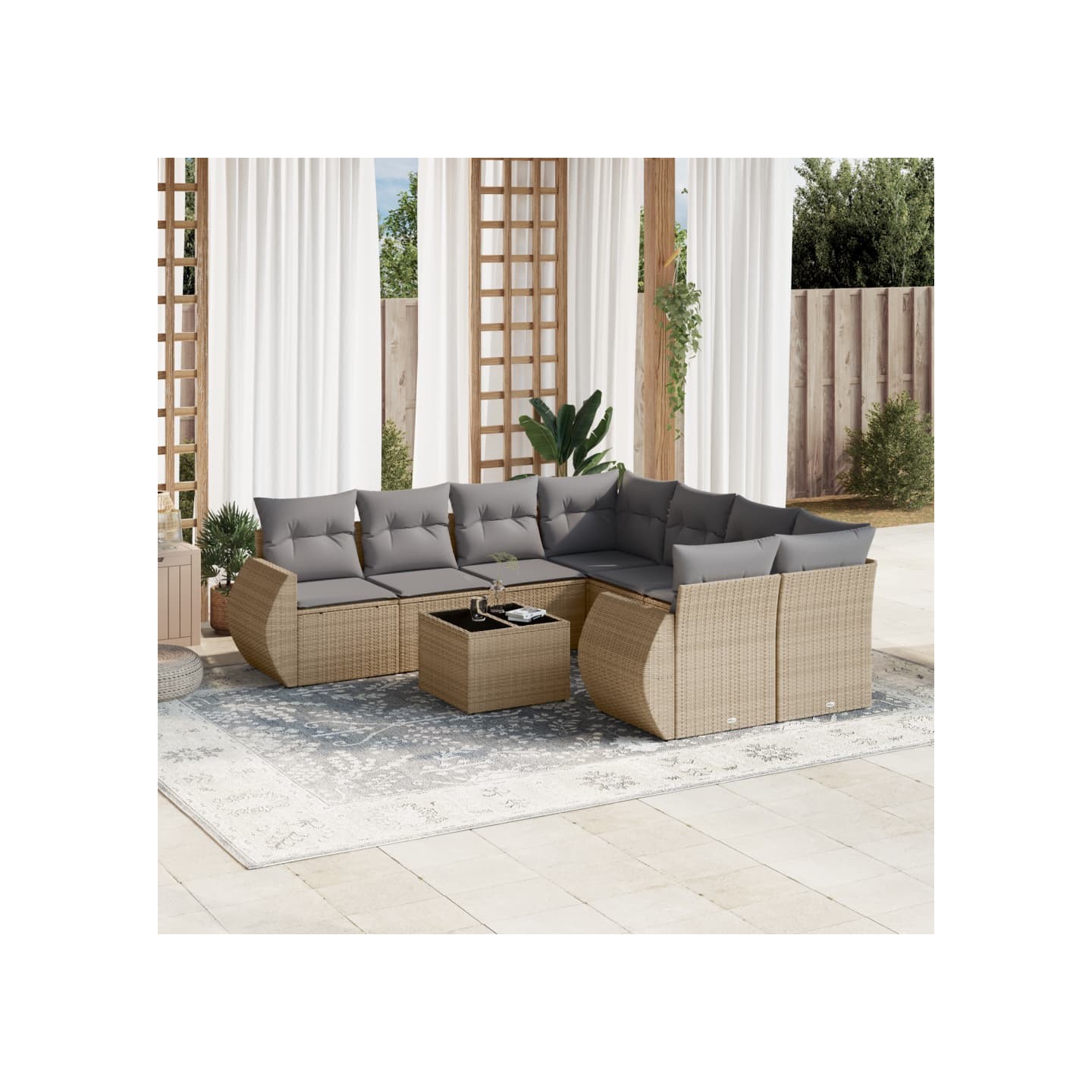 Salon de jardin avec coussins 9 pcs beige résine tressée