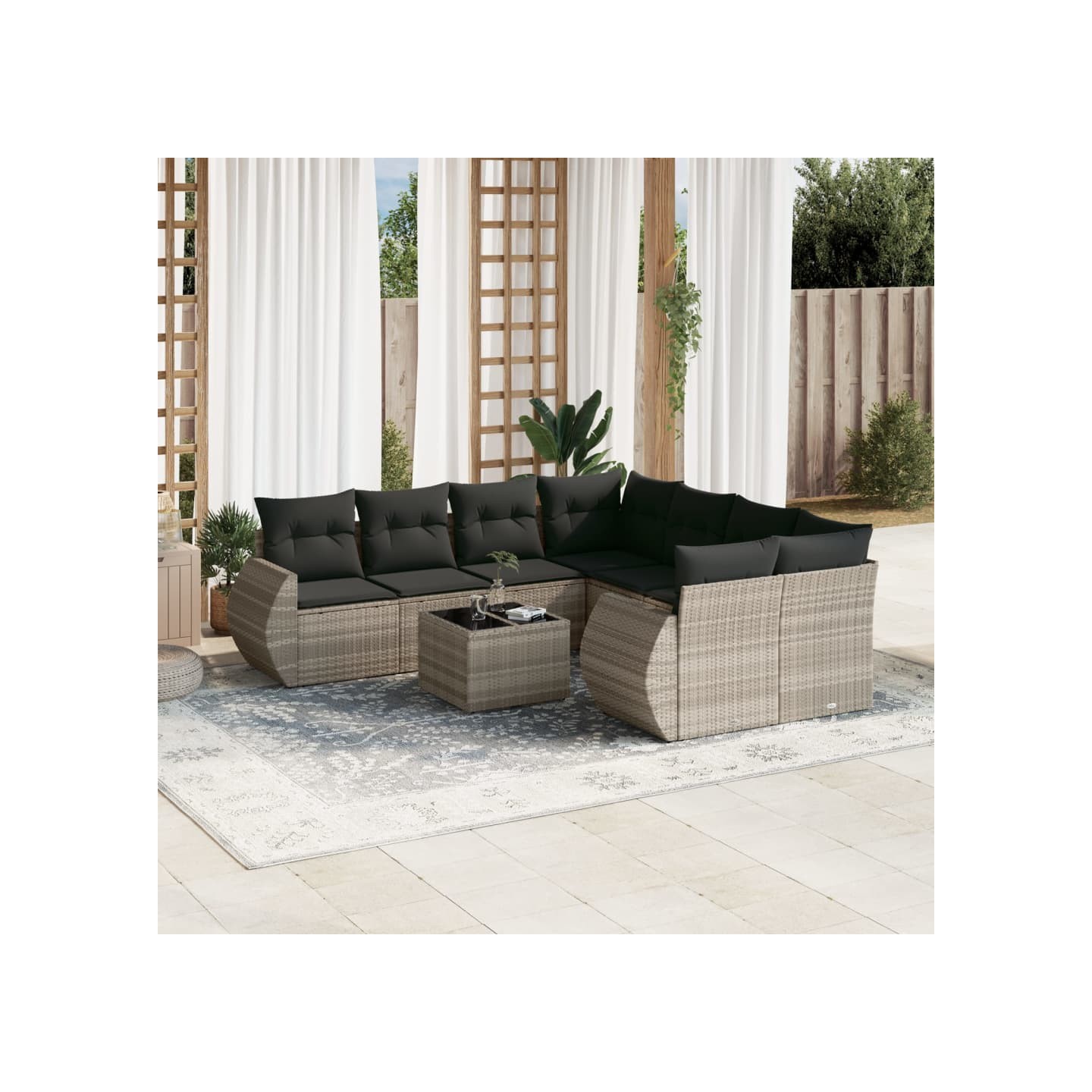 Salon de jardin 9 pcs avec coussins gris clair résine tressée
